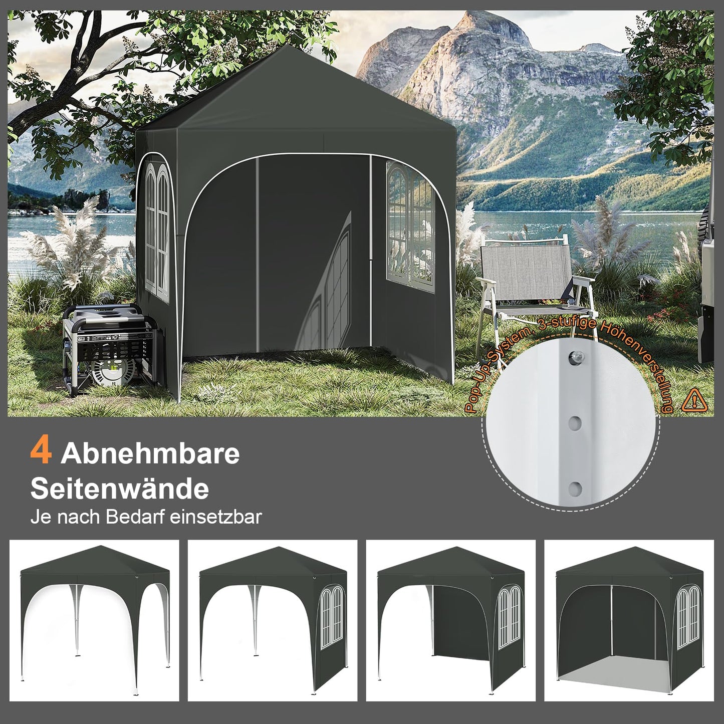 WOLTU vouwpaviljoen - 2 x 2 m - met 4 afneembare wanden - UPF 50+ zonbescherming - grijs