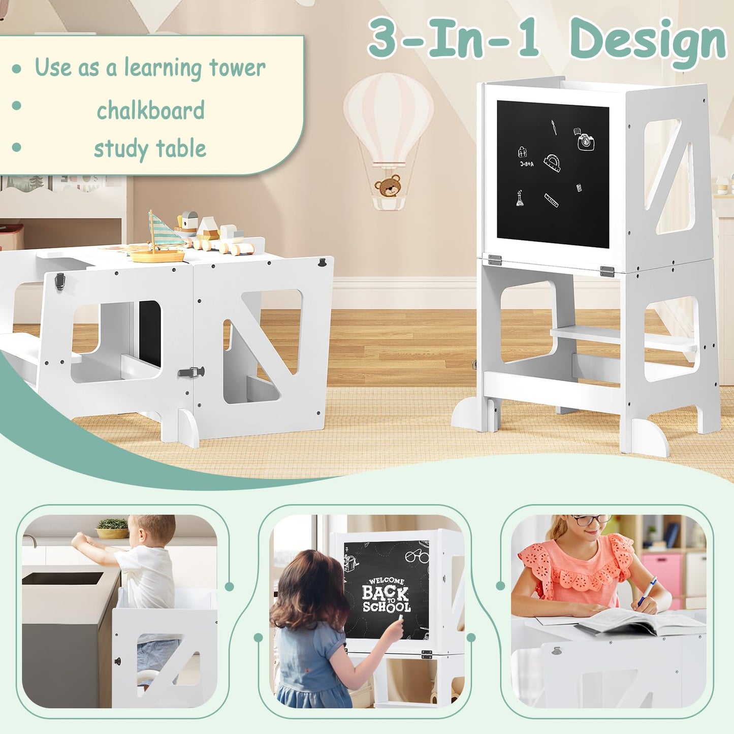 Woltu Learning Tower - 3-in-1 - Inklapbaar - 35x86x45cm - Wit