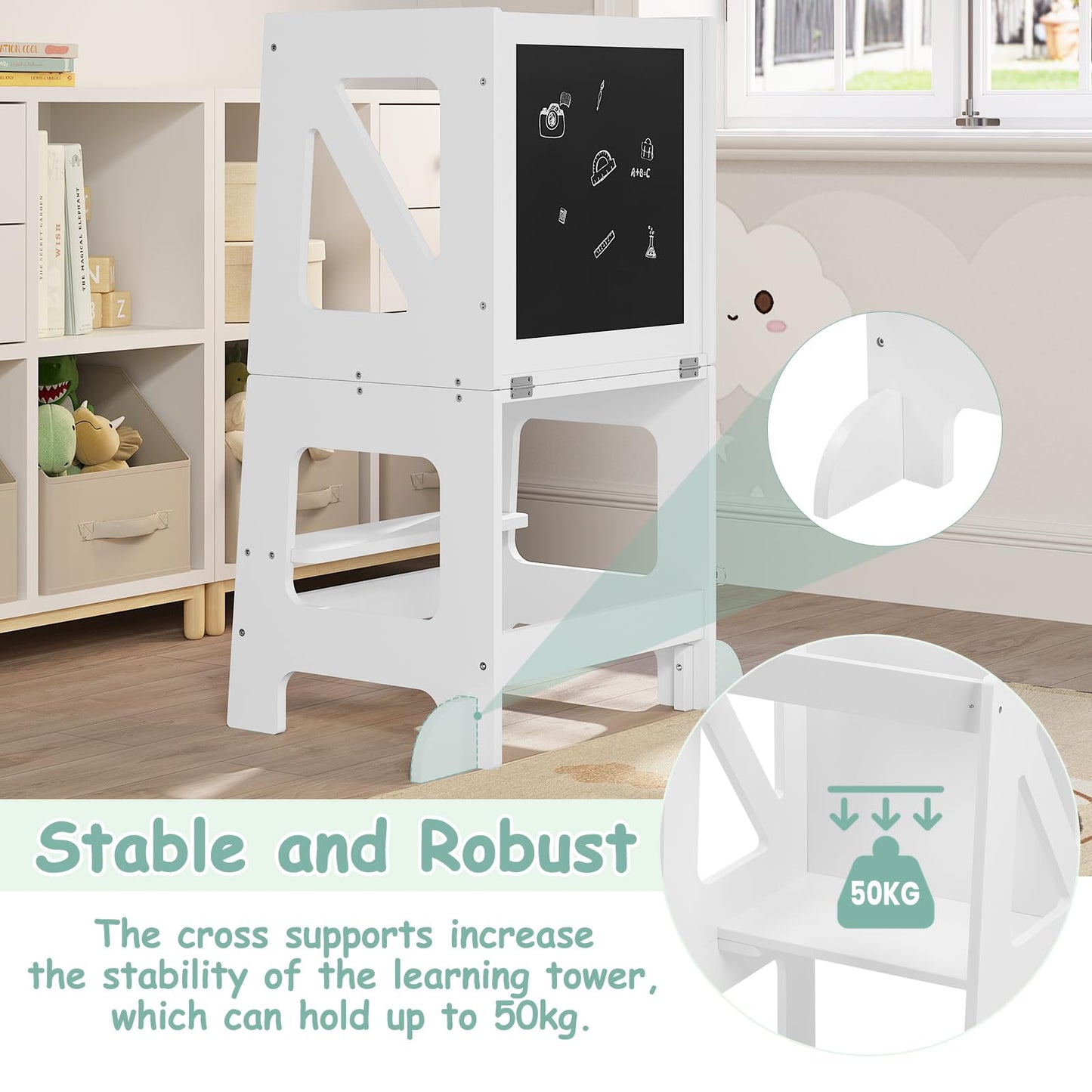 Woltu Learning Tower - 3-in-1 - Inklapbaar - 35x86x45cm - Wit