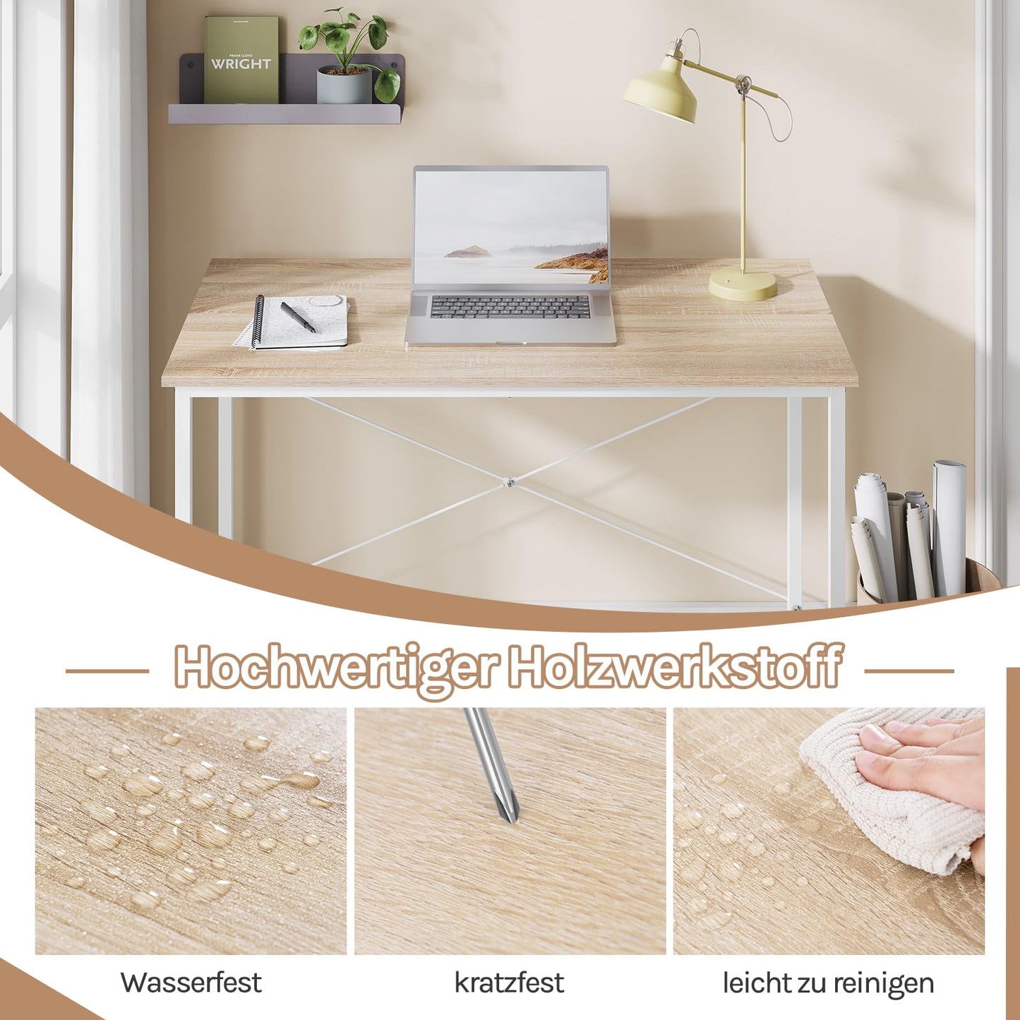 Woltu Computerbureau - 100x75x50 cm - E1 Hout - Metalen Frame - Licht Eiken
