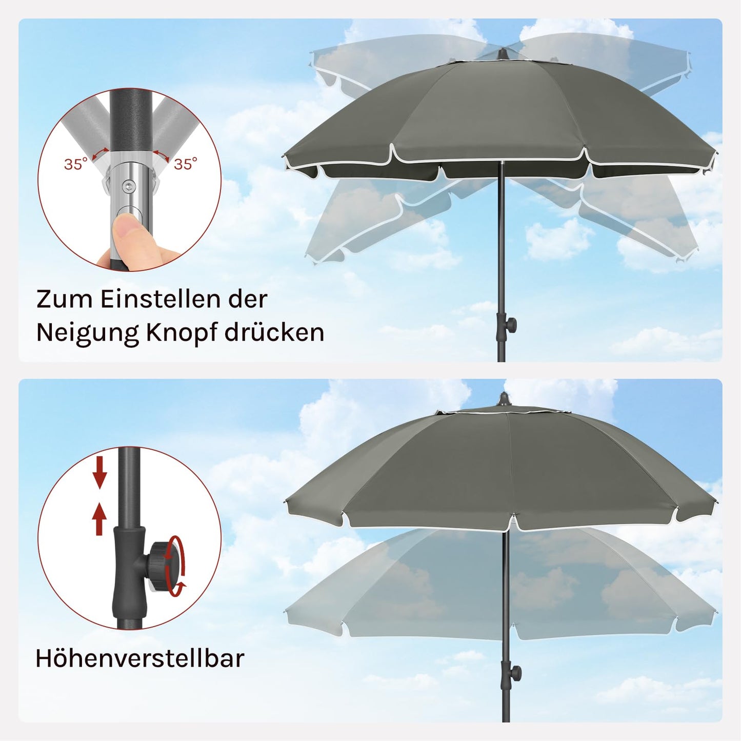 Woltu Balkonparasol - Rond - 155 cm - UPF 50+ - Kantelbaar - Verstelbaar - Donkergrijs