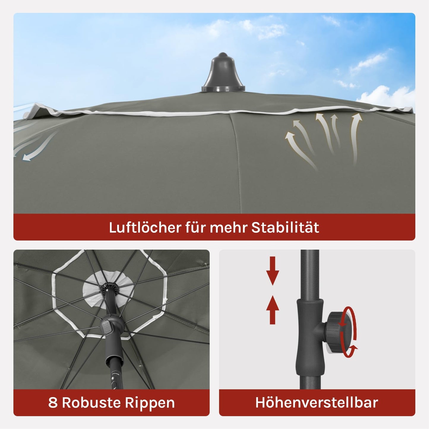 Woltu Balkonparasol - Rond - 155 cm - UPF 50+ - Kantelbaar - Verstelbaar - Donkergrijs