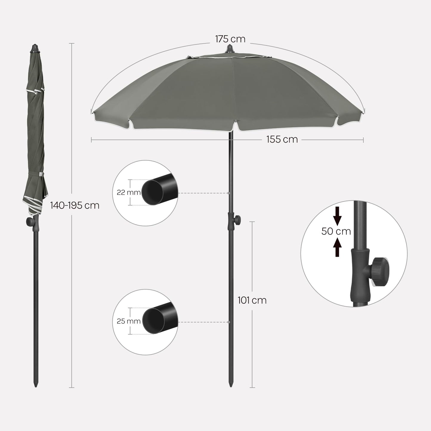 Woltu Balkonparasol - Rond - 155 cm - UPF 50+ - Kantelbaar - Verstelbaar - Donkergrijs