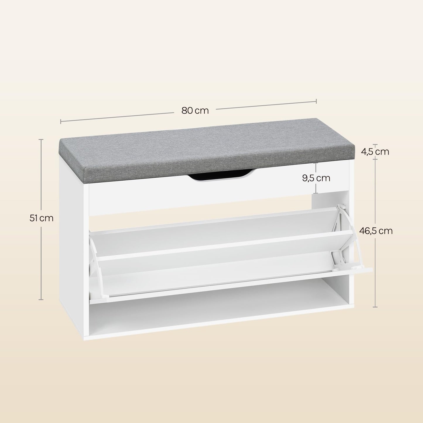 Woltu Schoenenbank - 80x51x30cm - 2Niveaus - Zitkussen - Wit/Lichtgrijs