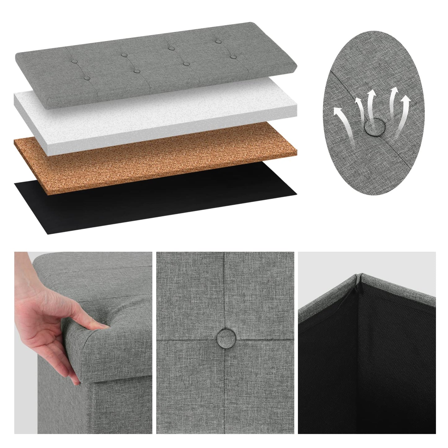 Woltu Opbergbank - 110cm - 118L - Inklapbaar - Lichtgrijs