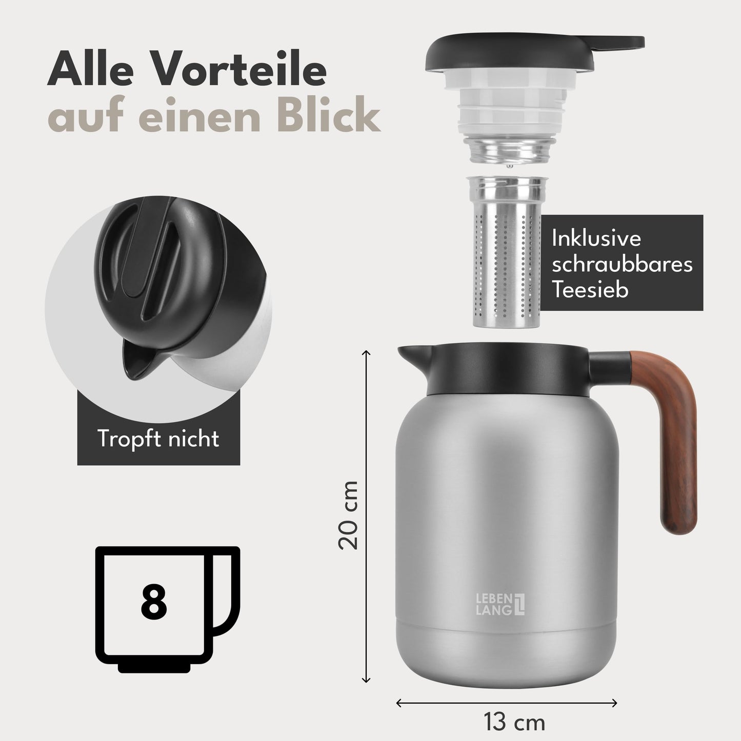 Lebenlang Thermoskan - 1,5L - Theefilter - 24Uur - Zwart