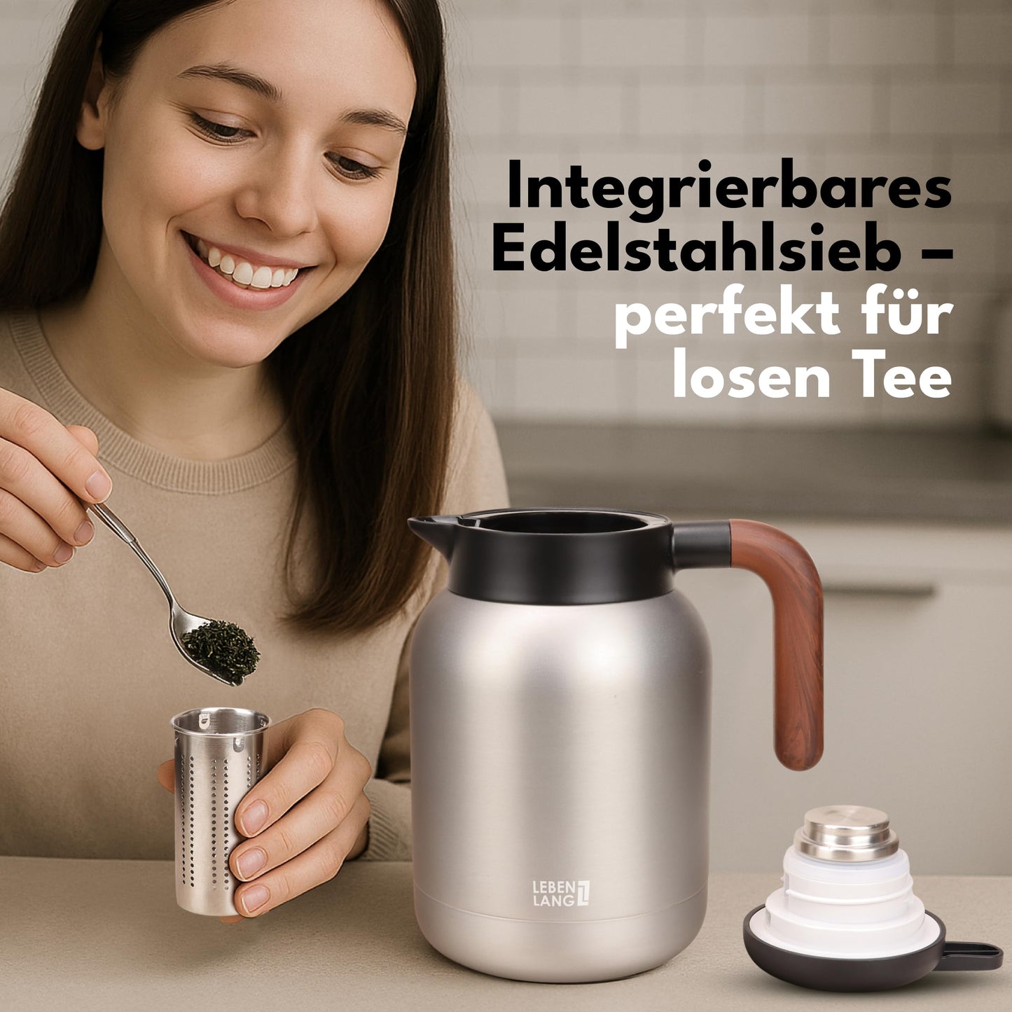 Lebenlang Thermoskan - 1,5L - Theefilter - 24Uur - Zwart