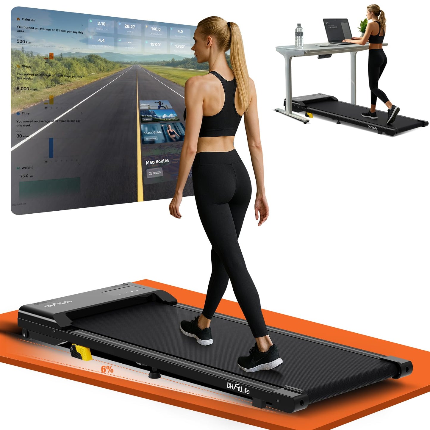 DH FitLife Walking Pad - 2026 - 1-6 km/h - 0-6% Hellingshoek - Appbediening
