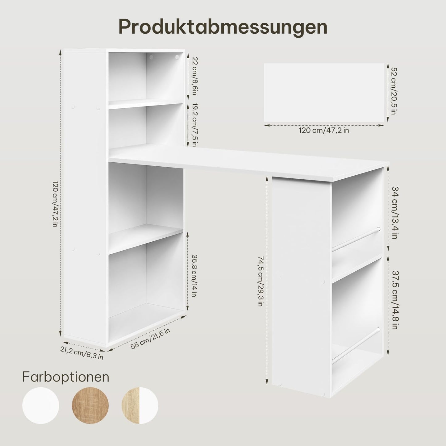 Esituro Bureau - 120x55x120cm - Met Opbergruimte & Boekenkast - Wit