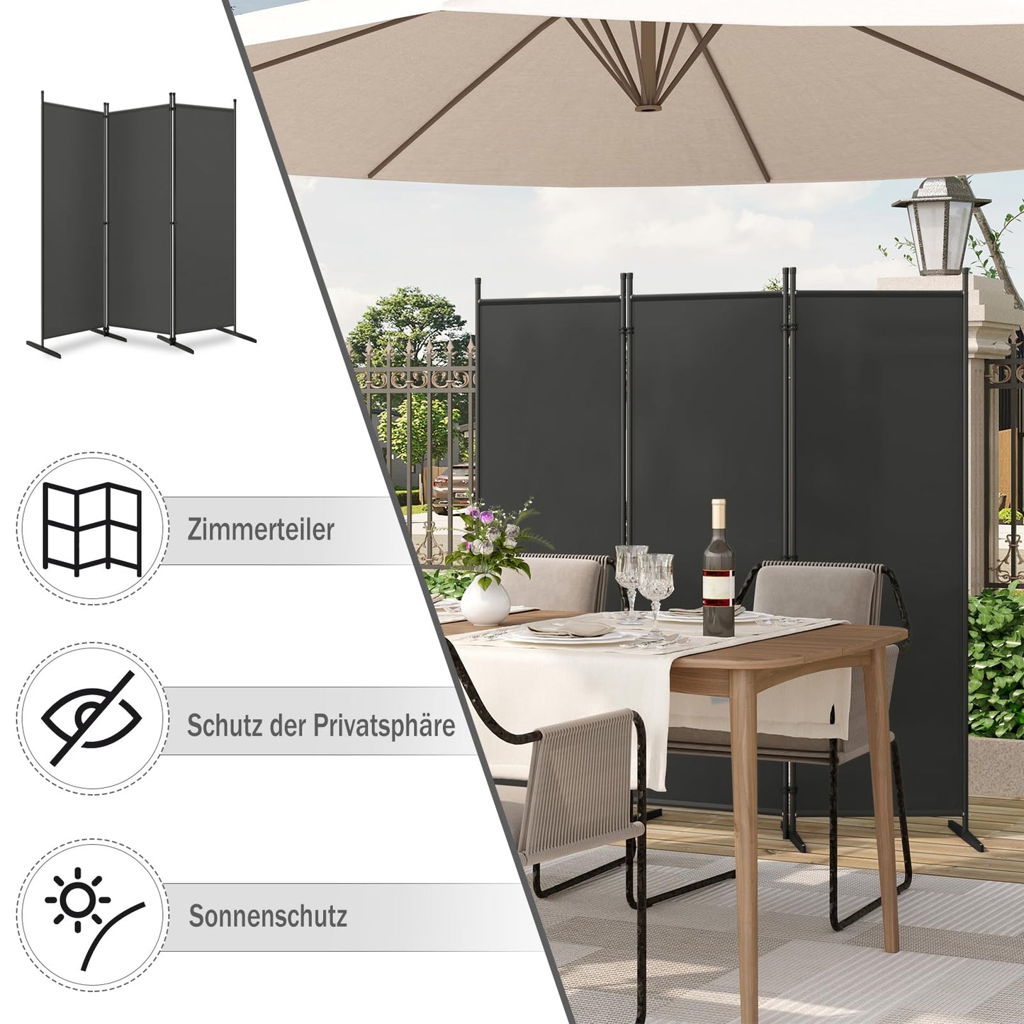 Woltu Kamerscherm - 3 Panelen - 167x177cm - Polyester/Metaal - Donkergrijs