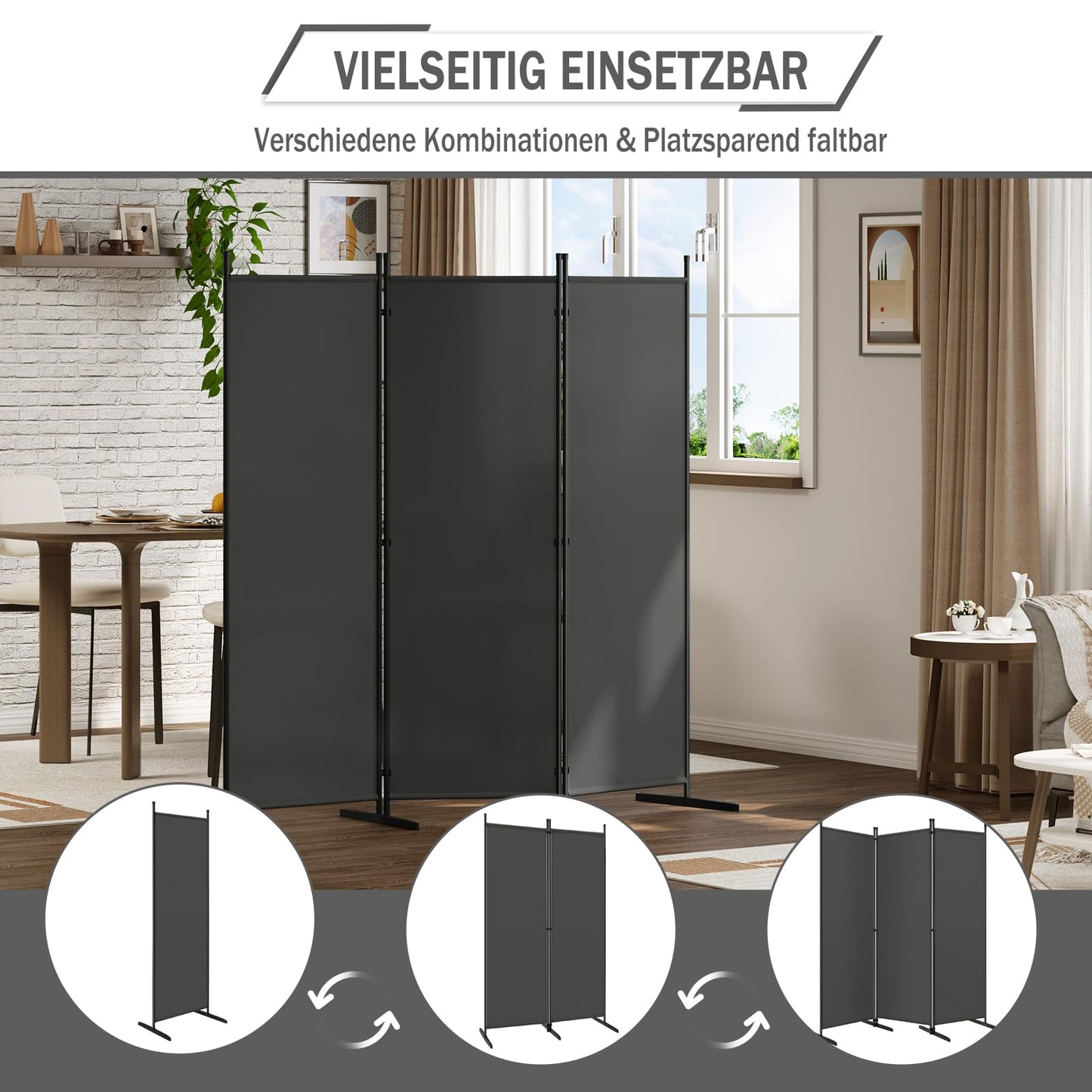 Woltu Kamerscherm - 3 Panelen - 167x177cm - Polyester/Metaal - Donkergrijs