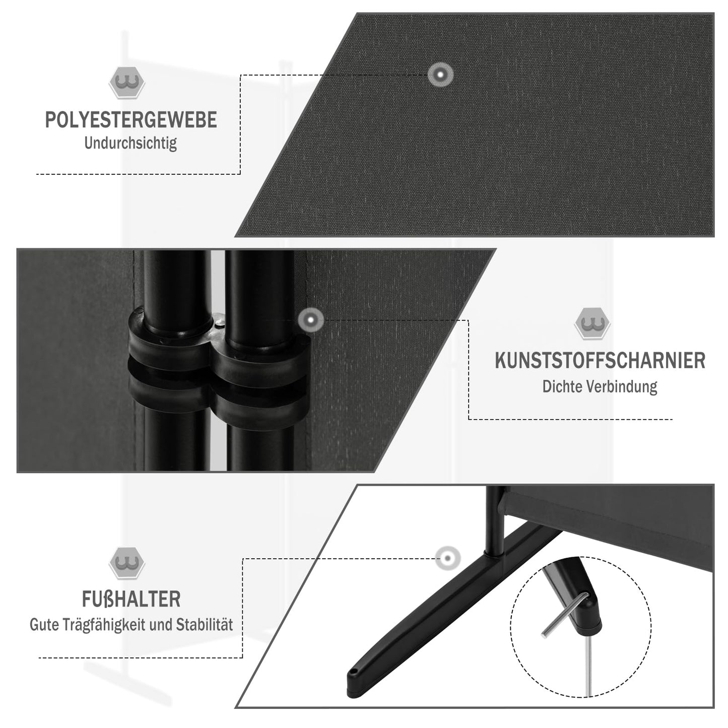 Woltu Kamerscherm - 3 Panelen - 167x177cm - Polyester/Metaal - Donkergrijs