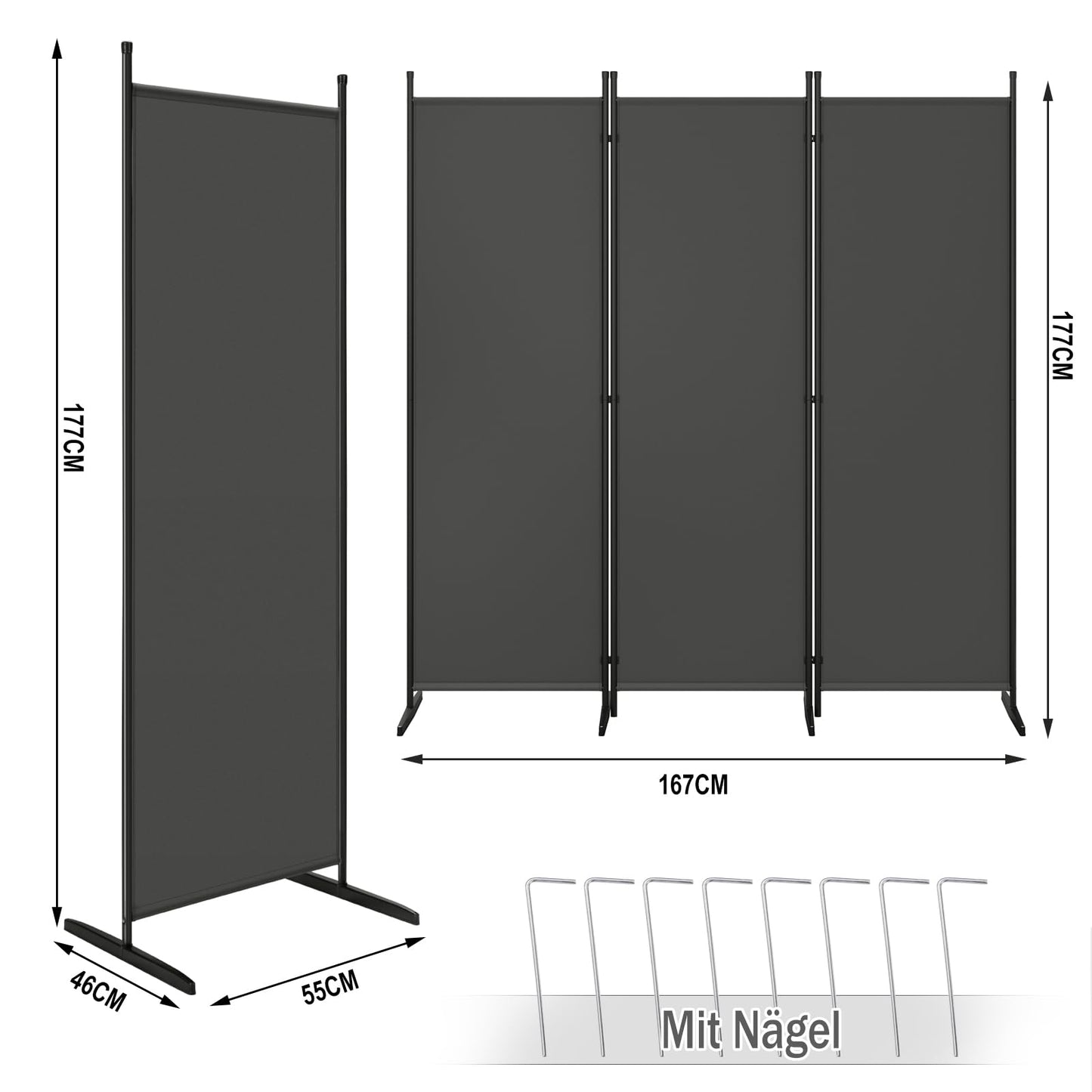 Woltu Kamerscherm - 3 Panelen - 167x177cm - Polyester/Metaal - Donkergrijs