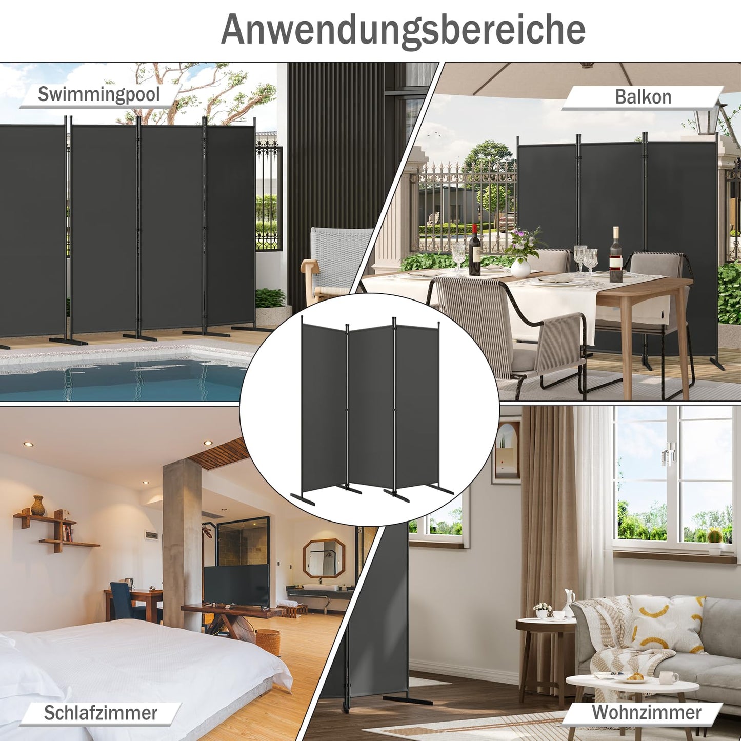 Woltu Kamerscherm - 3 Panelen - 167x177cm - Polyester/Metaal - Donkergrijs