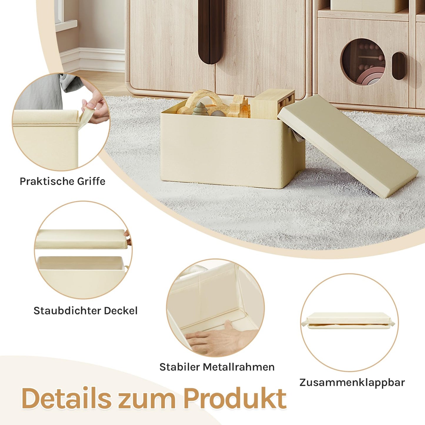 WOLTU Opbergbox - Deksel - Inklapbaar - Handgrepen - 3Stuks - 48x29x20cm - Crème