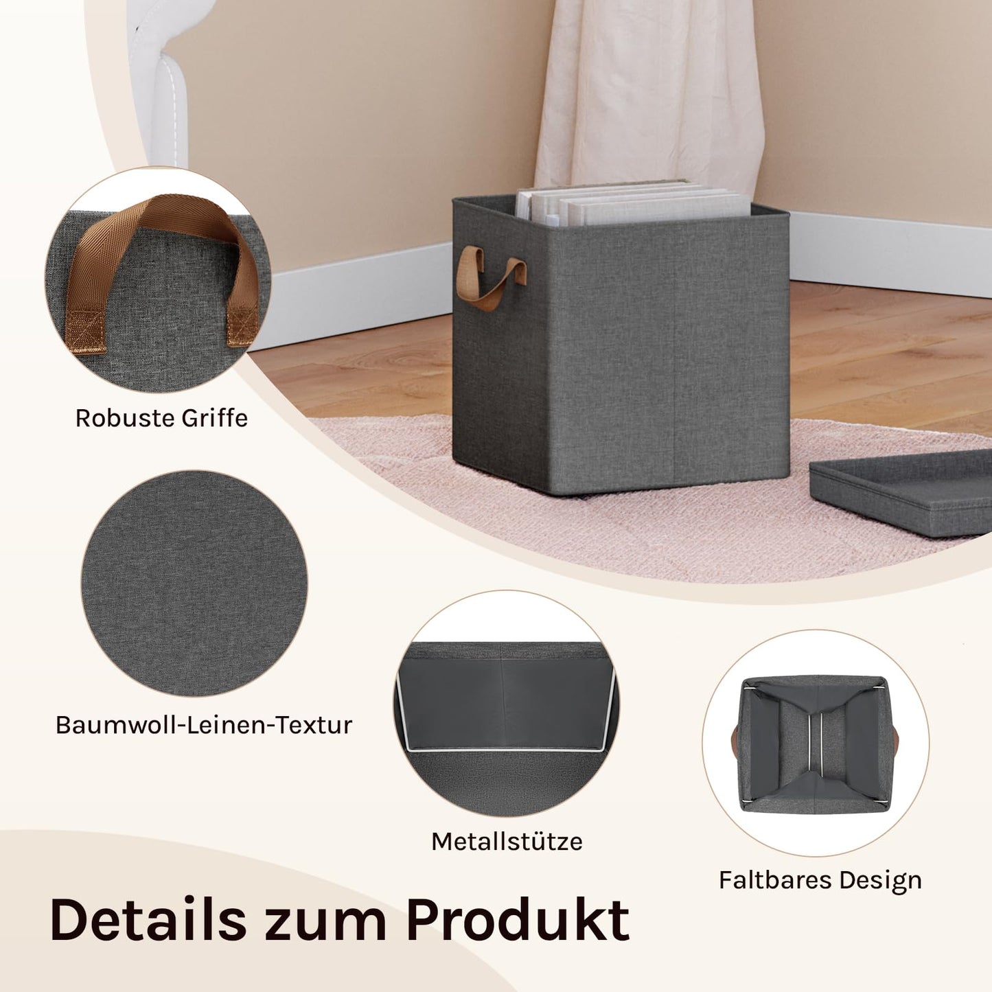 Woltu Opbergboxen Set - 3 Stuks - 27x27x27cm - Opvouwbaar - Grijs