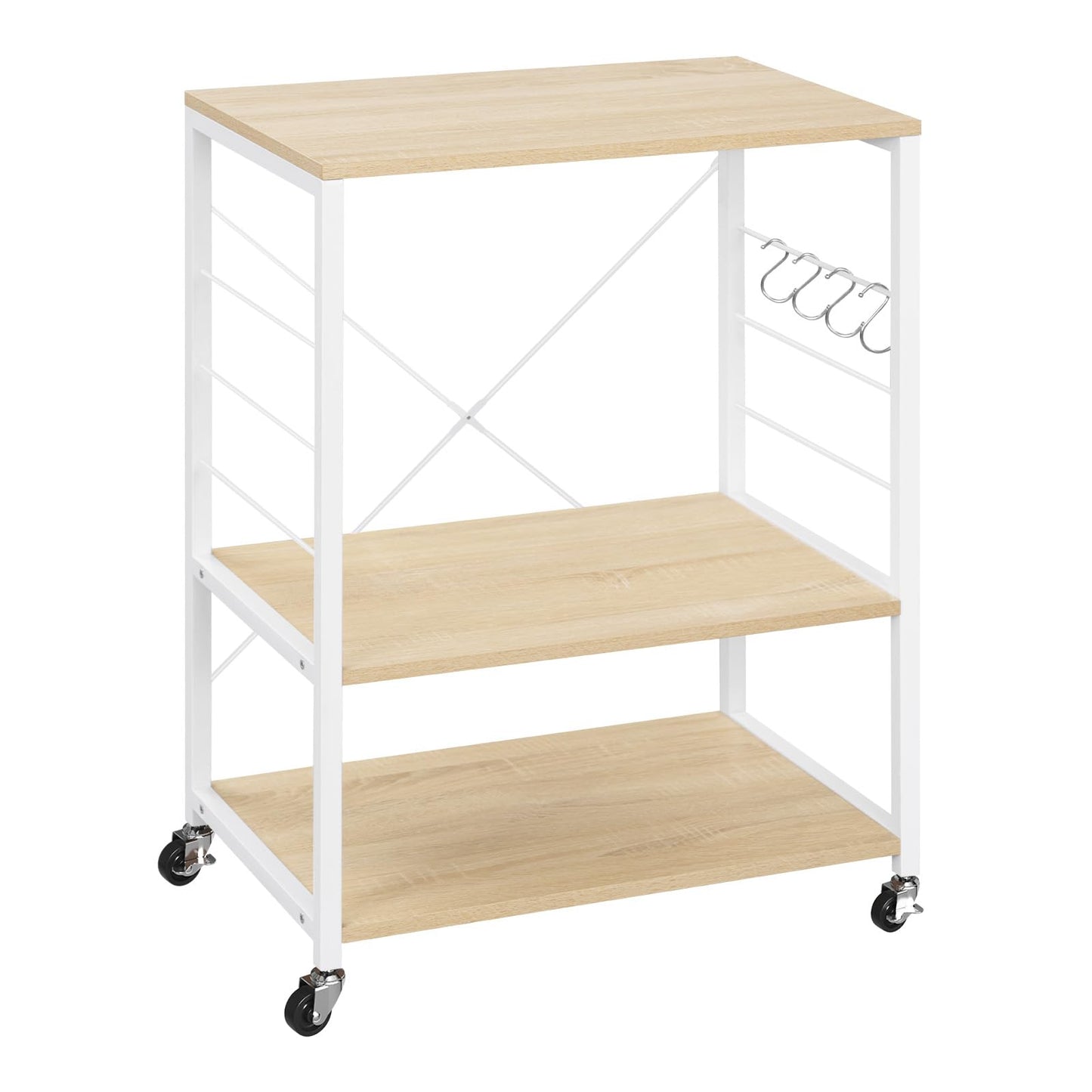 Woltu Keukenrek - 60x40x82,5cm - 3 Etages - Op Wielen - Licht Eiken/Wit