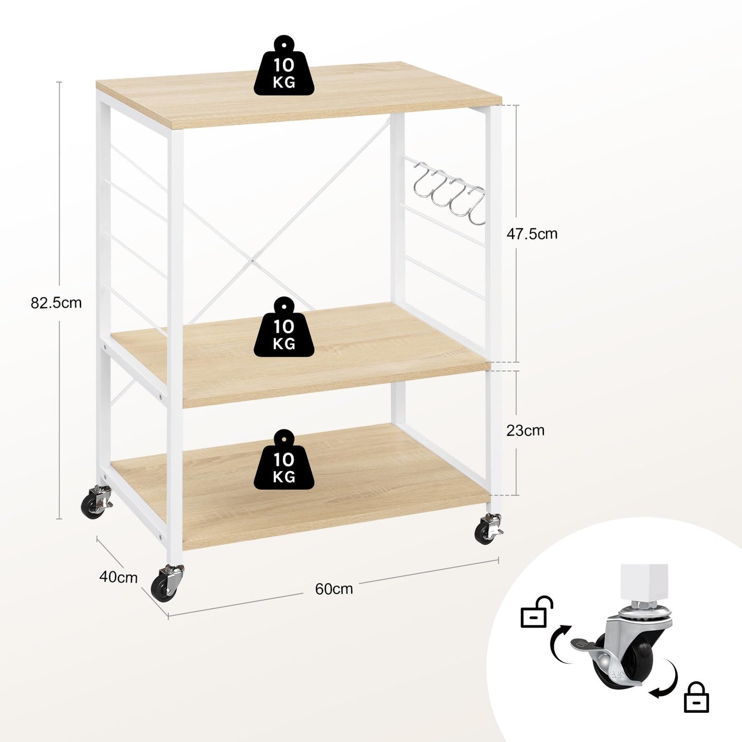 Woltu Keukenrek - 60x40x82,5cm - 3 Etages - Op Wielen - Licht Eiken/Wit