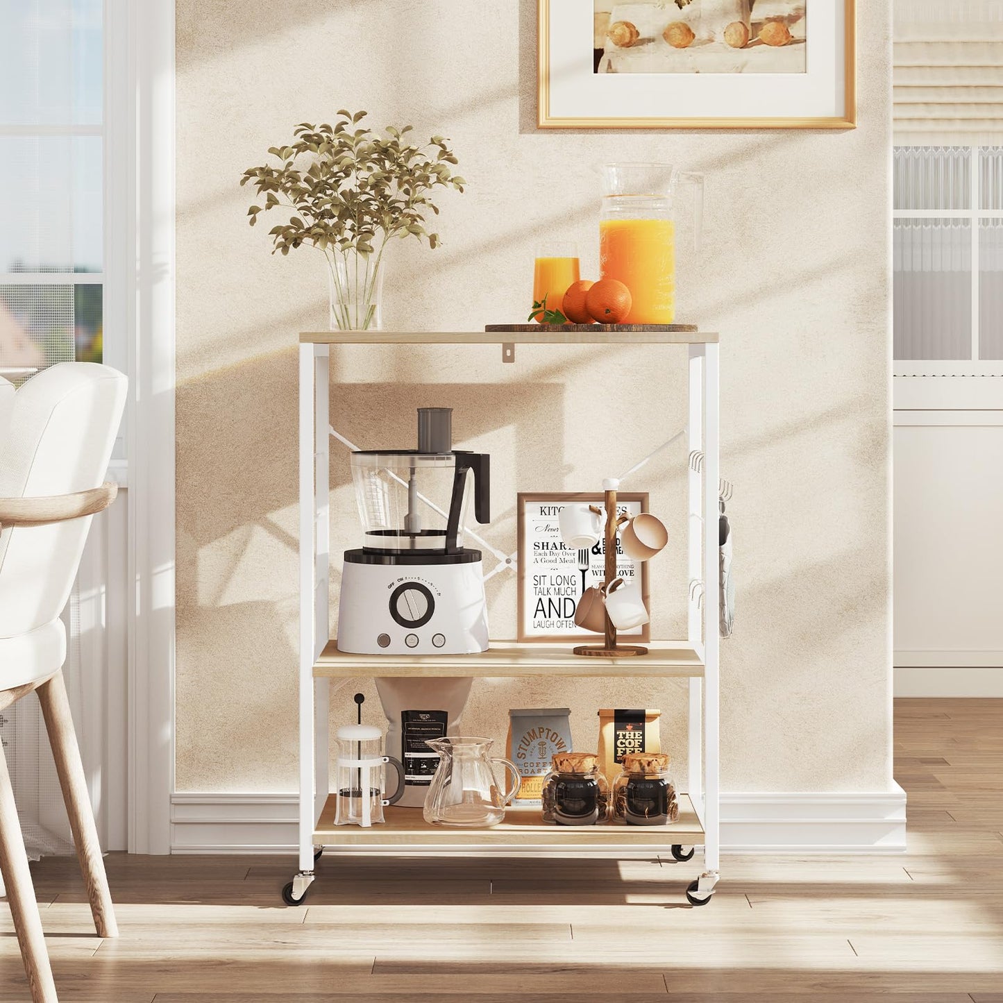 Woltu Keukenrek - 60x40x82,5cm - 3 Etages - Op Wielen - Licht Eiken/Wit