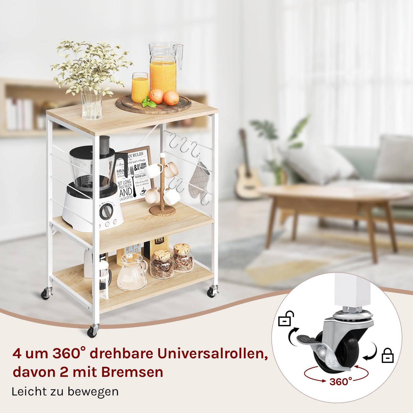 Woltu Keukenrek - 60x40x82,5cm - 3 Etages - Op Wielen - Licht Eiken/Wit