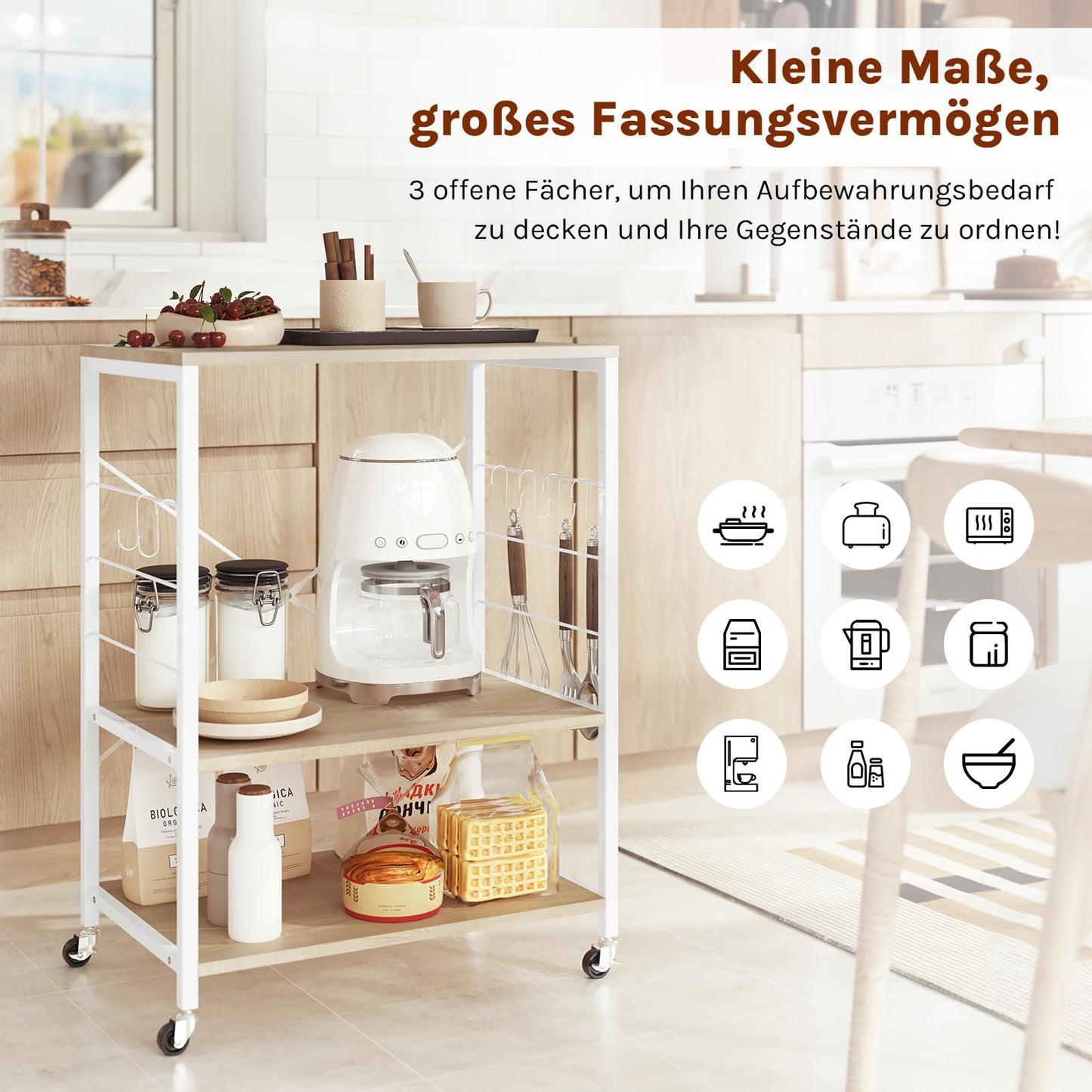 Woltu Keukenrek - 60x40x82,5cm - 3 Etages - Op Wielen - Licht Eiken/Wit