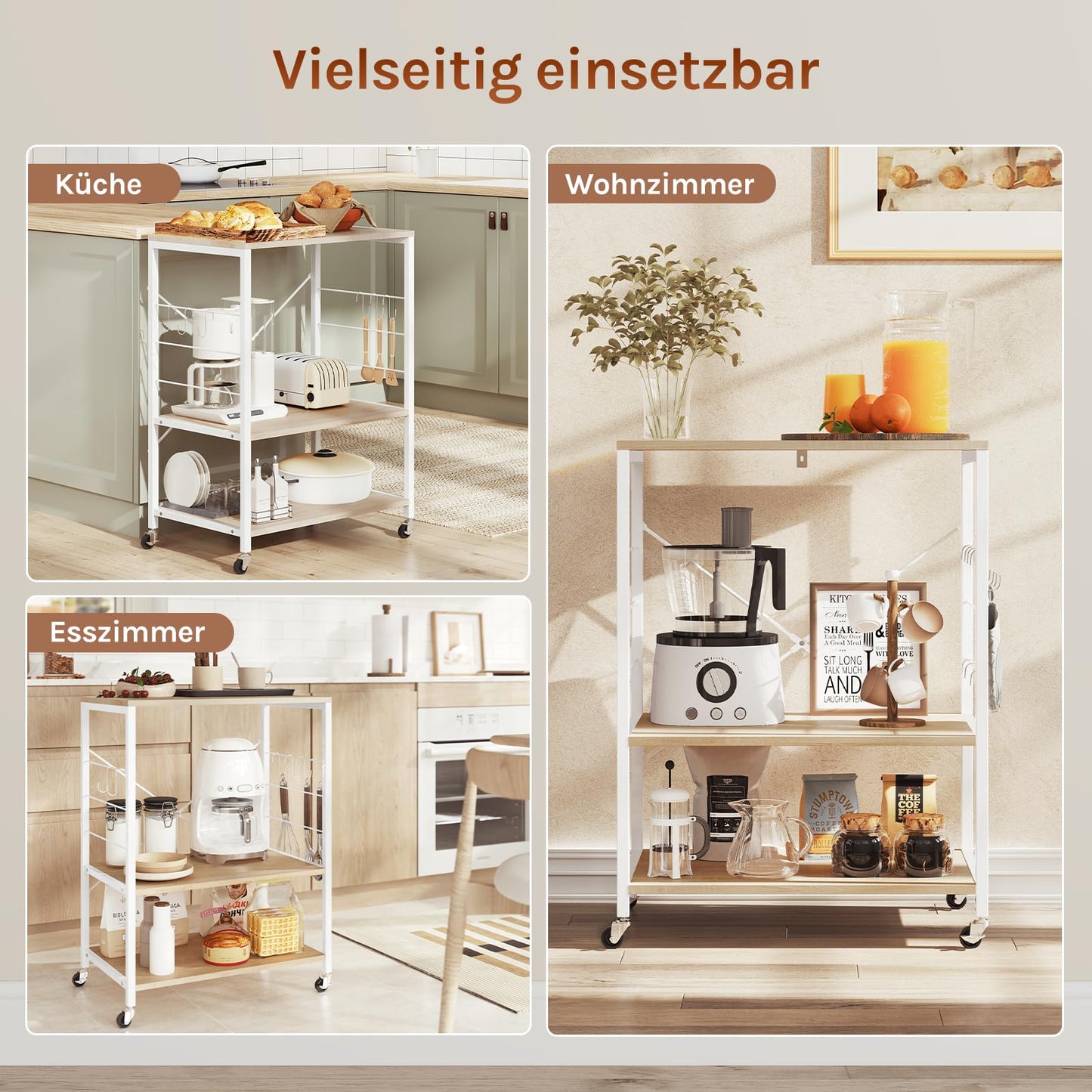 Woltu Keukenrek - 60x40x82,5cm - 3 Etages - Op Wielen - Licht Eiken/Wit
