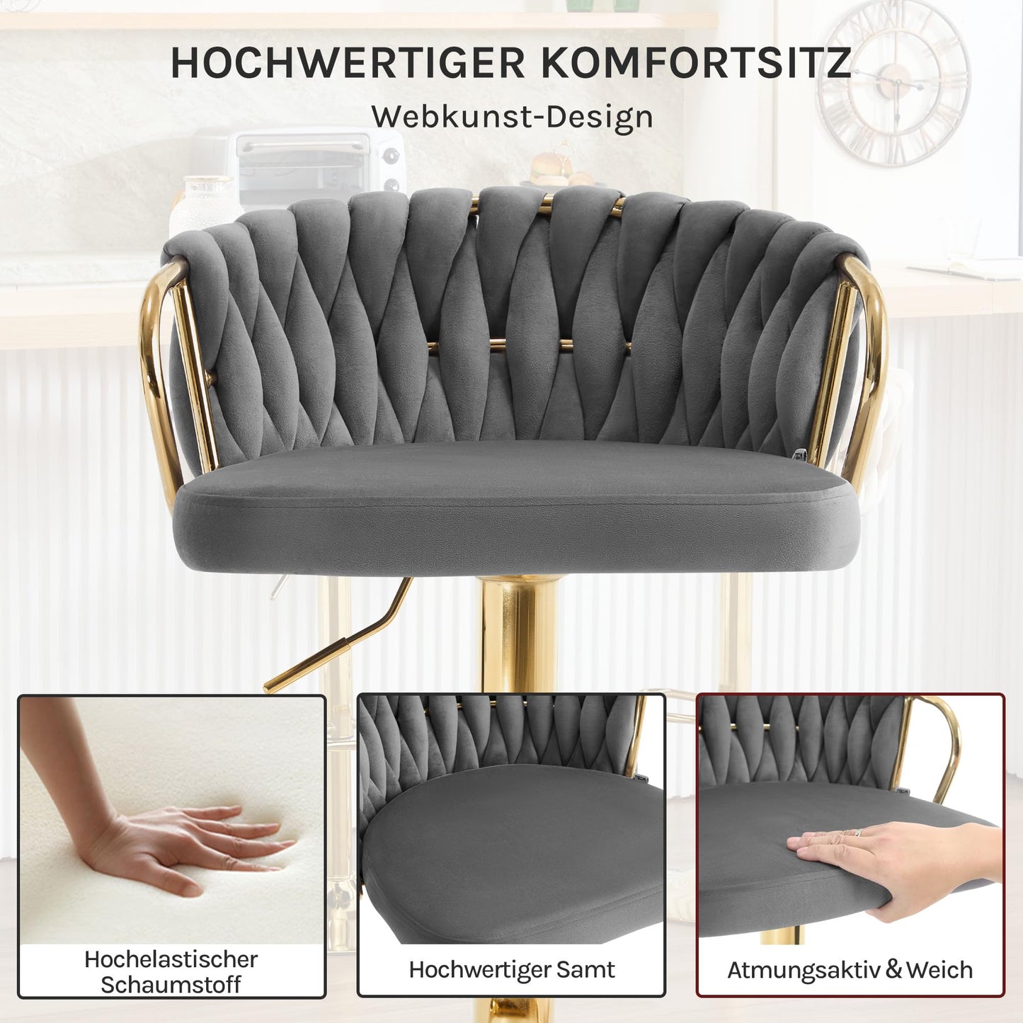 Woltu Barkruk - Verstelbaar - 360° Draaibaar - Fluweel - Donkergrijs