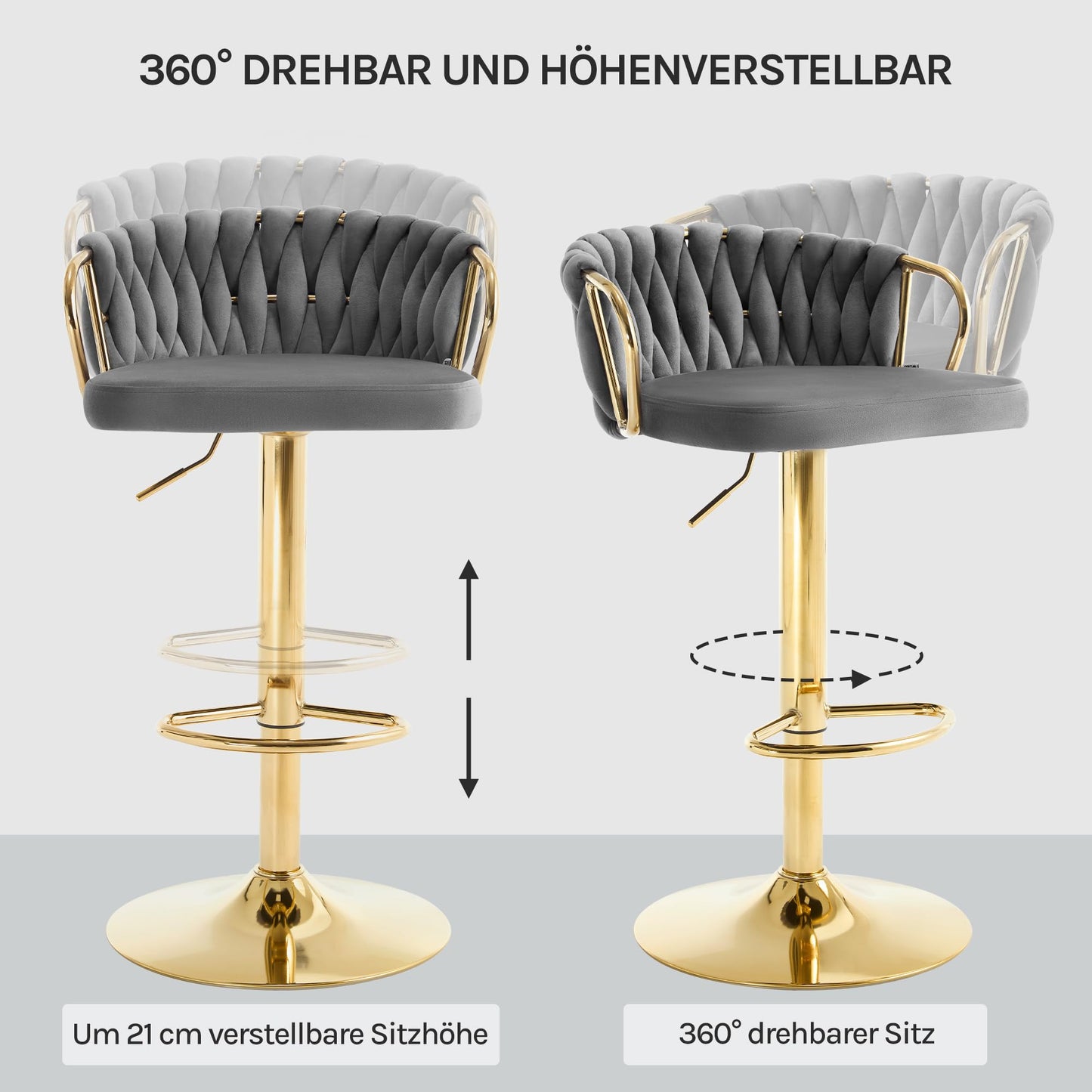 Woltu Barkruk - Verstelbaar - 360° Draaibaar - Fluweel - Donkergrijs
