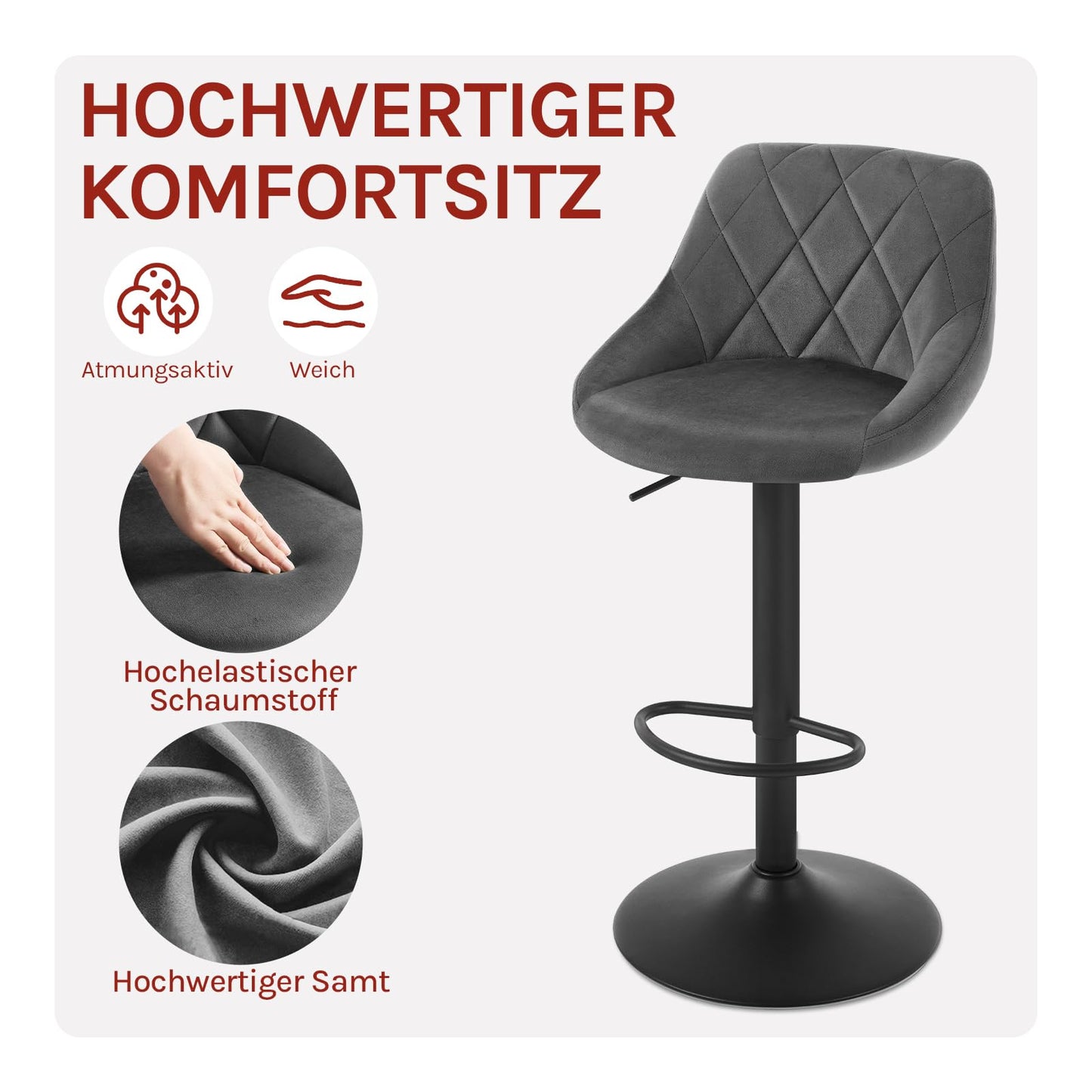 Woltu Barkruk - Fluweel - In Hoogte Verstelbaar - 360° Draaibaar - Donkergrijs
