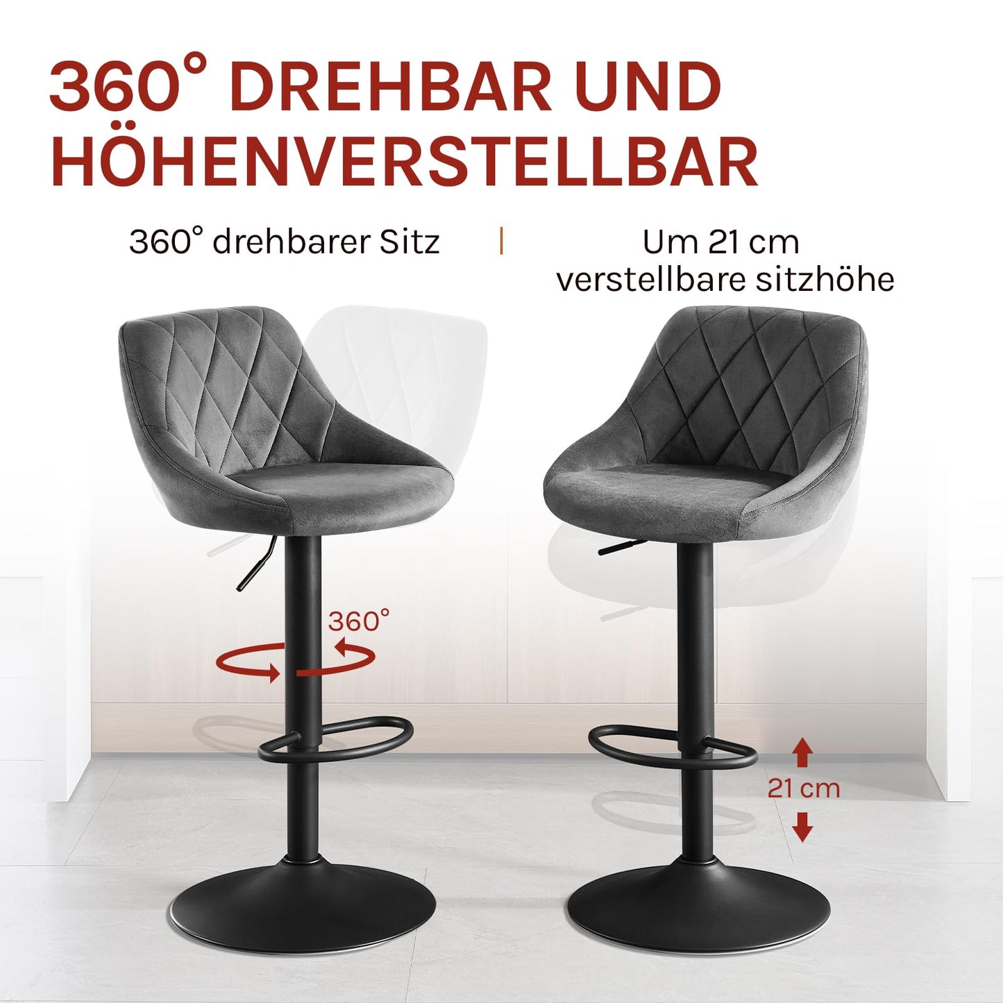 Woltu Barkruk - Fluweel - In Hoogte Verstelbaar - 360° Draaibaar - Donkergrijs