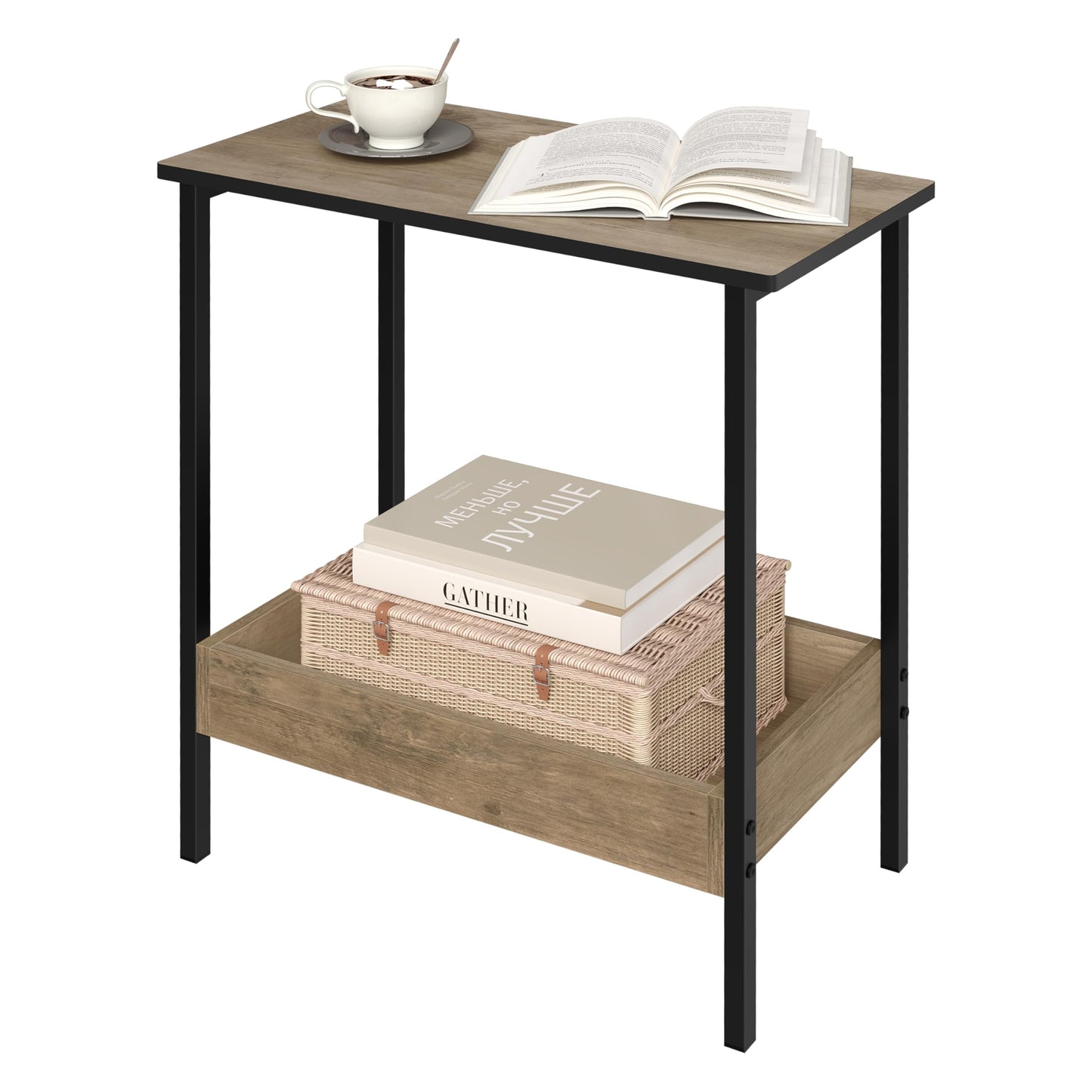 Woltu Bijzettafel - 50x55x25cm - 2 Planken - Zwart/Grijs Houtlook