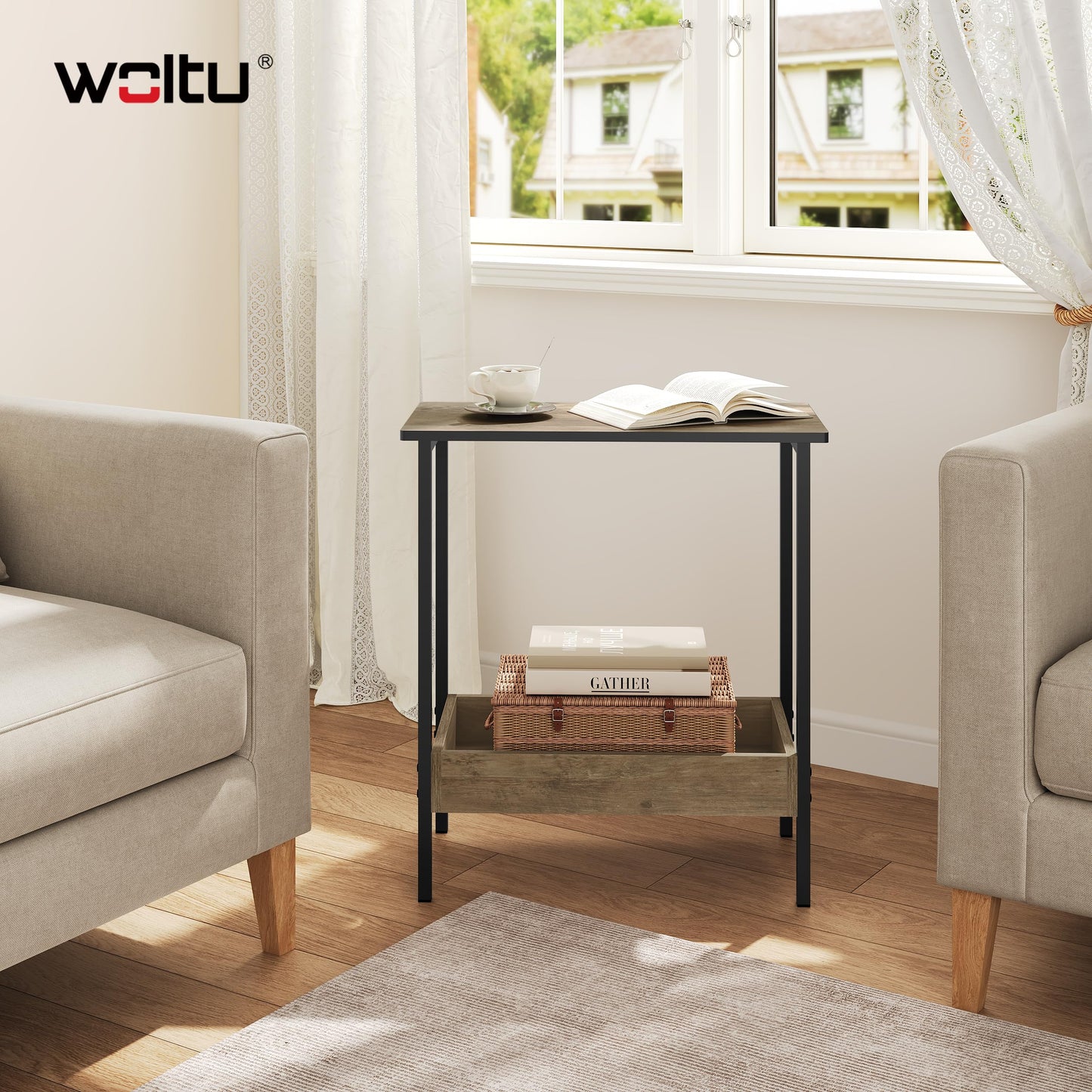 Woltu Bijzettafel - 50x55x25cm - 2 Planken - Zwart/Grijs Houtlook