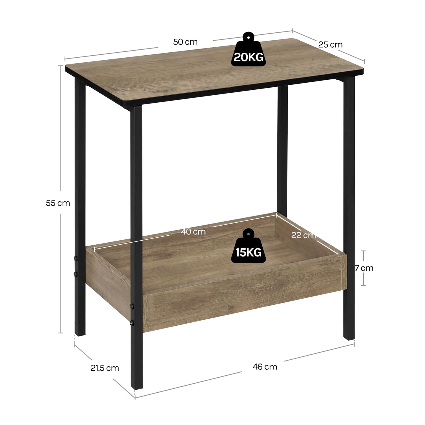 Woltu Bijzettafel - 50x55x25cm - 2 Planken - Zwart/Grijs Houtlook