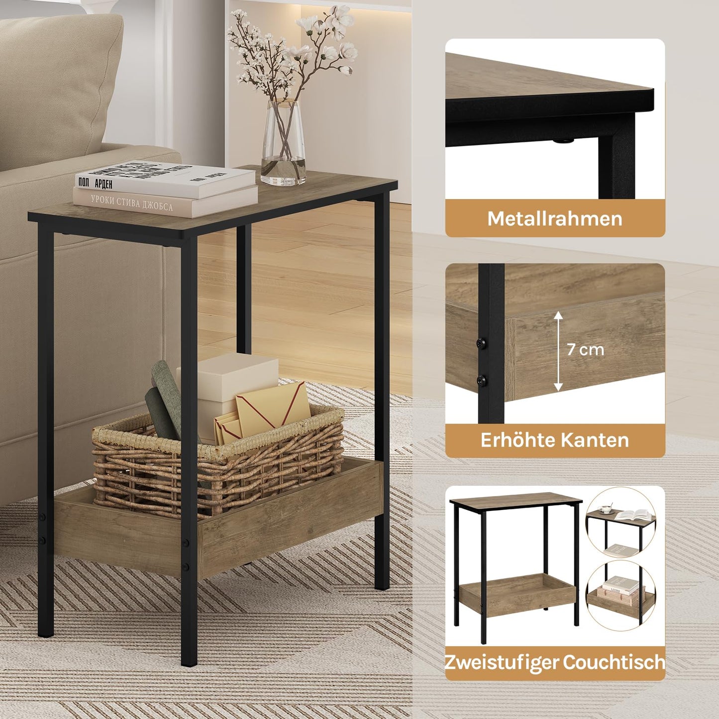 Woltu Bijzettafel - 50x55x25cm - 2 Planken - Zwart/Grijs Houtlook
