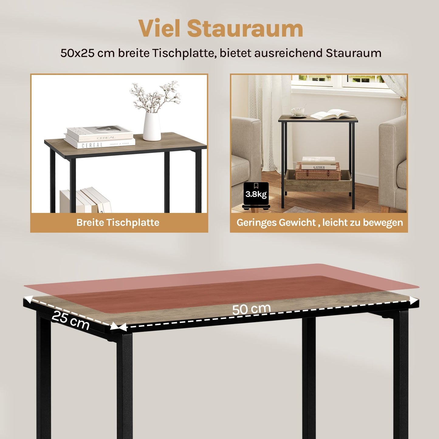 Woltu Bijzettafel - 50x55x25cm - 2 Planken - Zwart/Grijs Houtlook