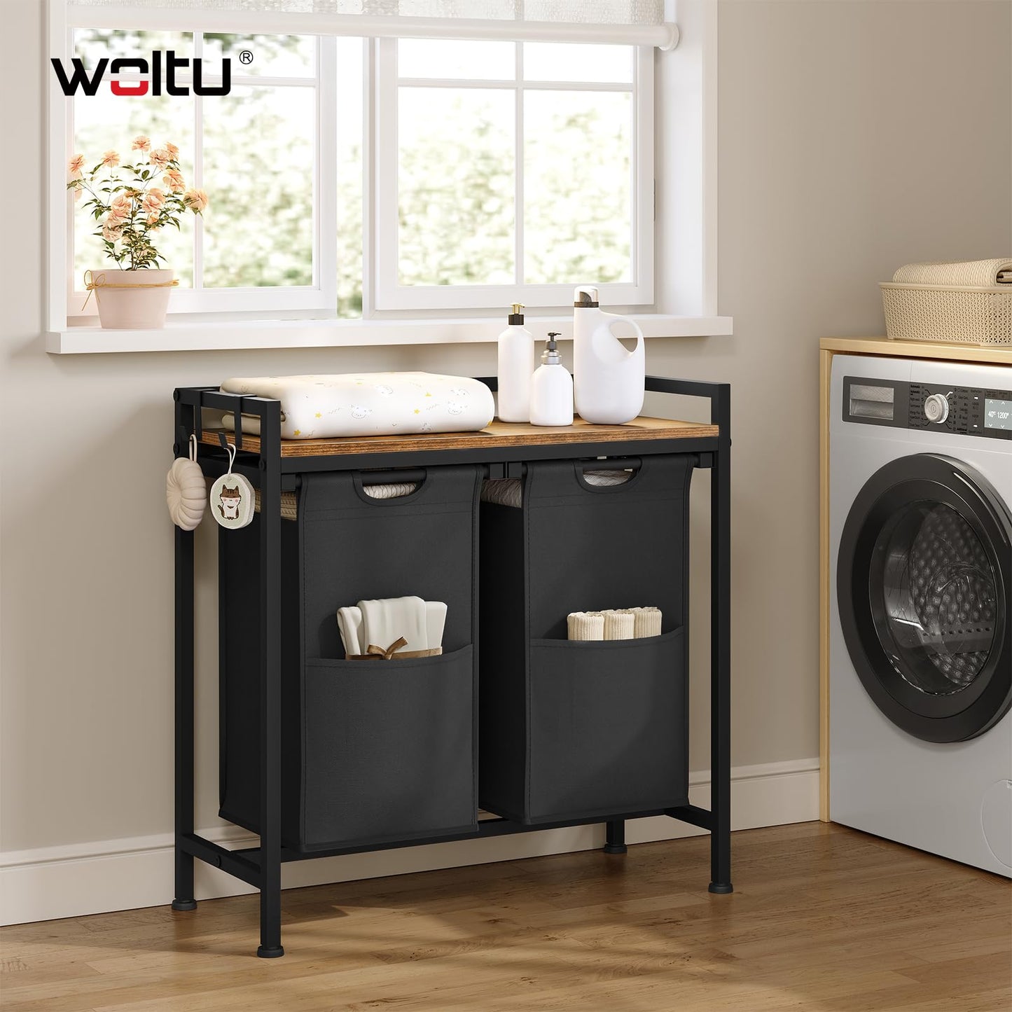 Woltu Wasmand - 2 Vakken - 80L - Met Plank - Zwart
