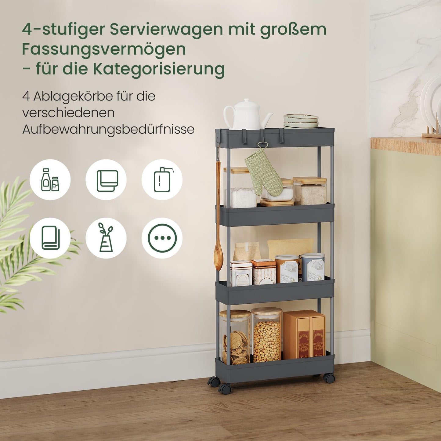 Klihome serveerwagen - keukentrolley met 4 lagen - op wielen - grijs - 39 x 83,5 x 12,5 cm