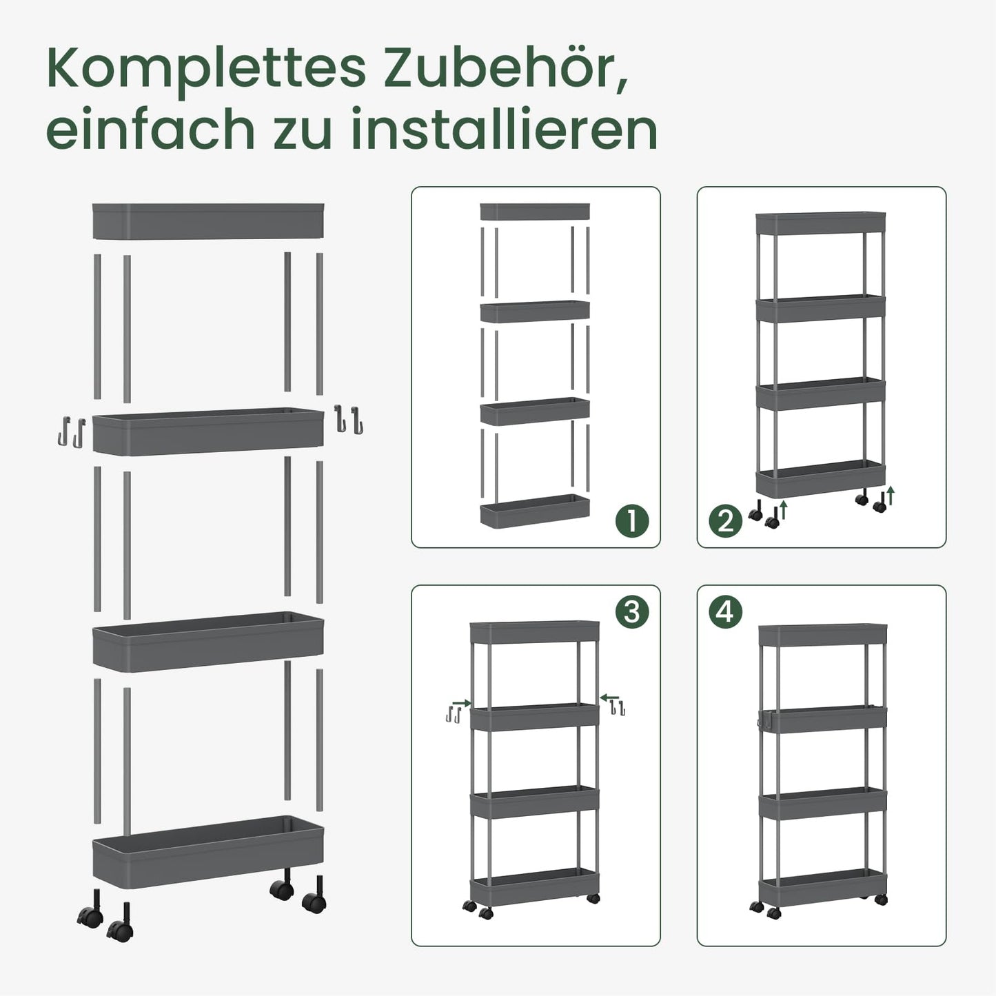 Klihome serveerwagen - keukentrolley met 4 lagen - op wielen - grijs - 39 x 83,5 x 12,5 cm