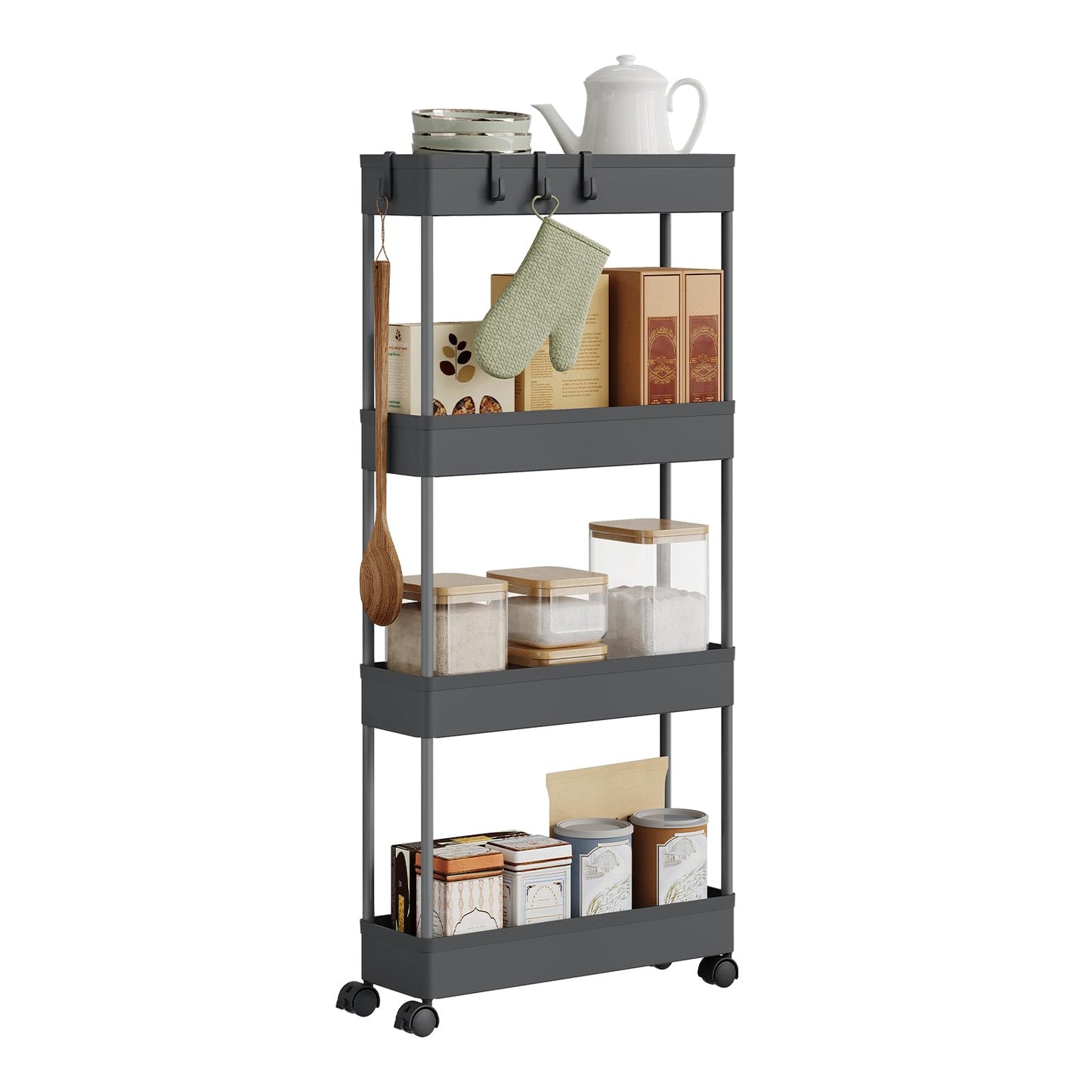 Klihome serveerwagen - keukentrolley met 4 lagen - op wielen - grijs - 39 x 83,5 x 12,5 cm