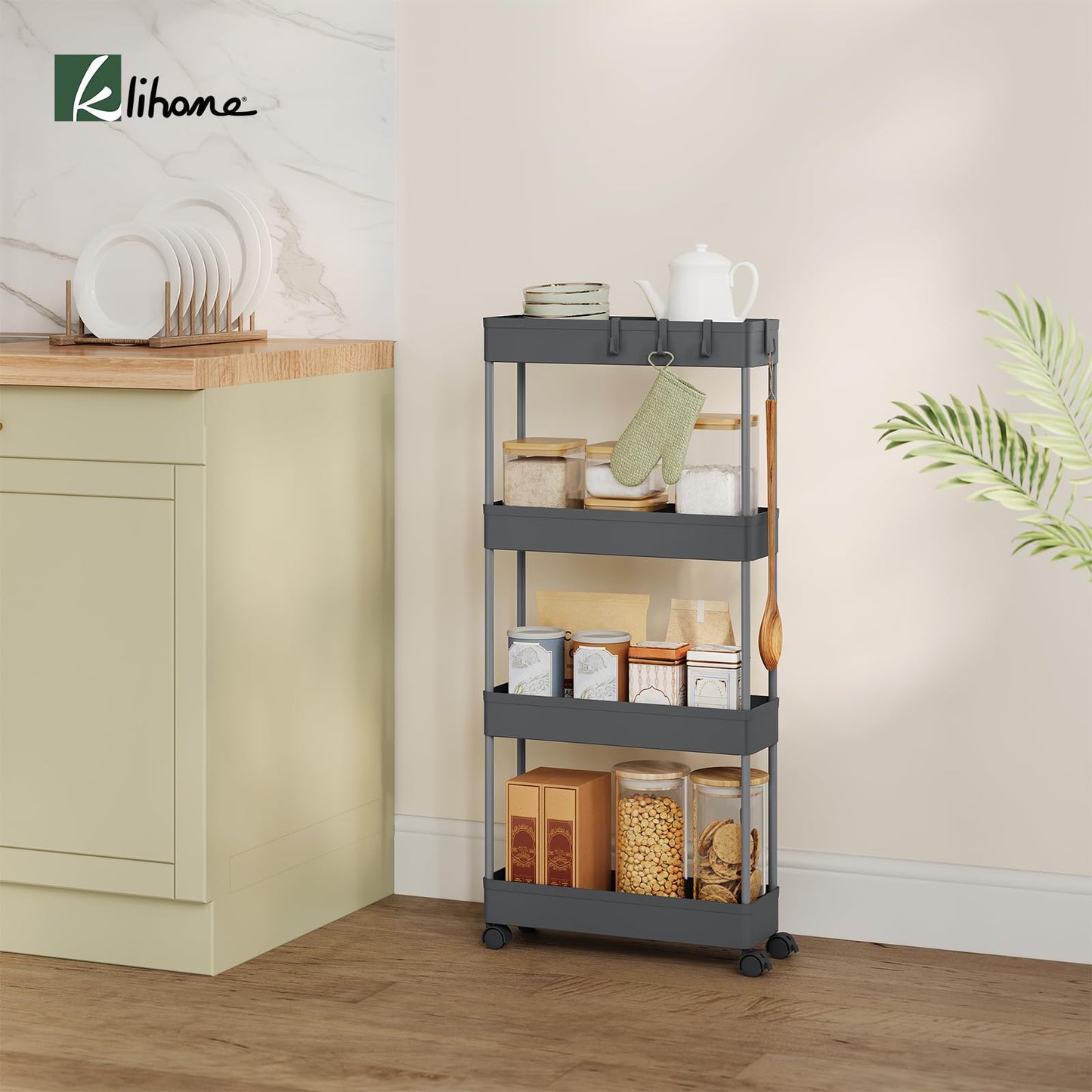 Klihome serveerwagen - keukentrolley met 4 lagen - op wielen - grijs - 39 x 83,5 x 12,5 cm