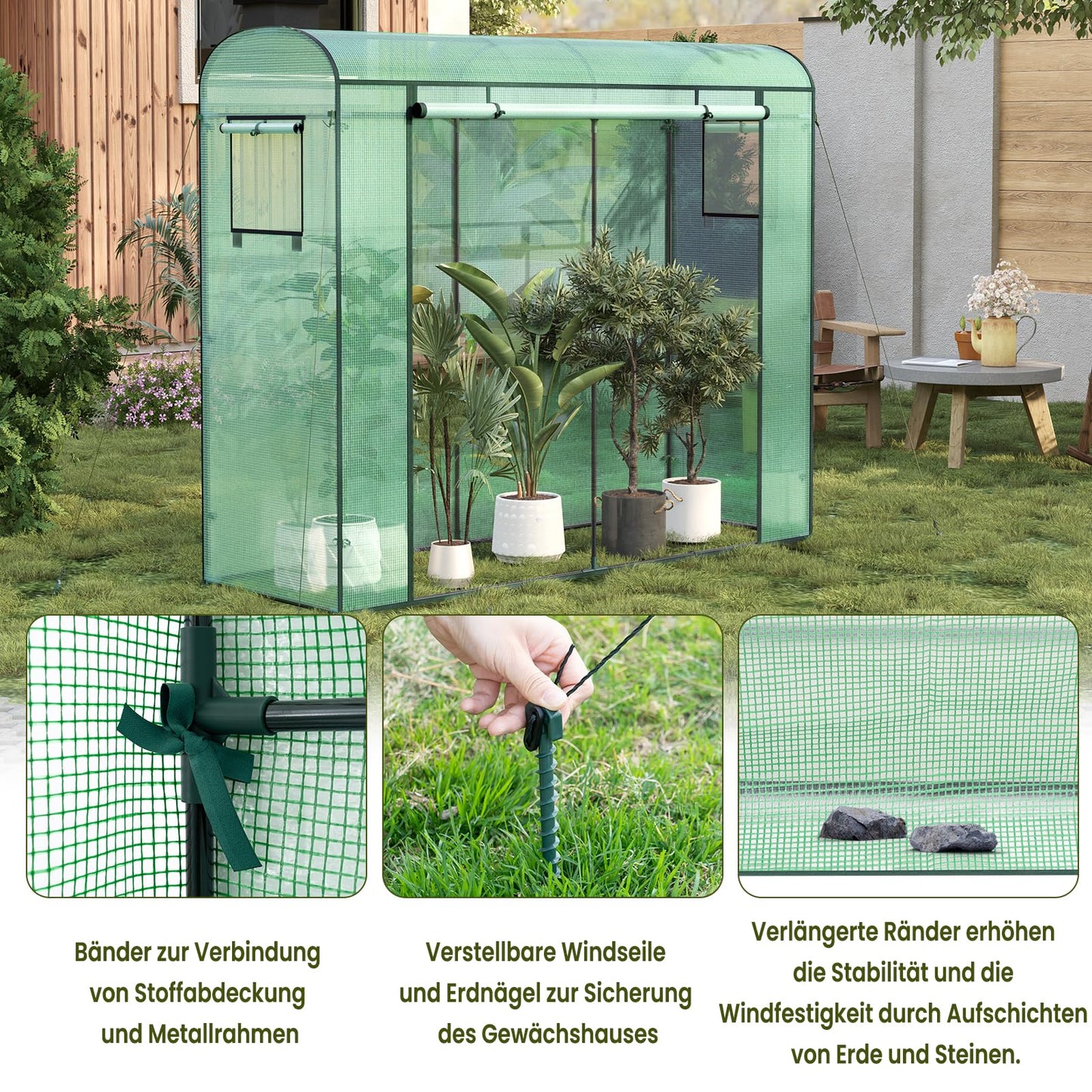 WOLTU tunnelkas - PE kas - winterbestendig - met deur en 2 ramen - stalen buis frame - 200 x 170 x 68 cm - groen