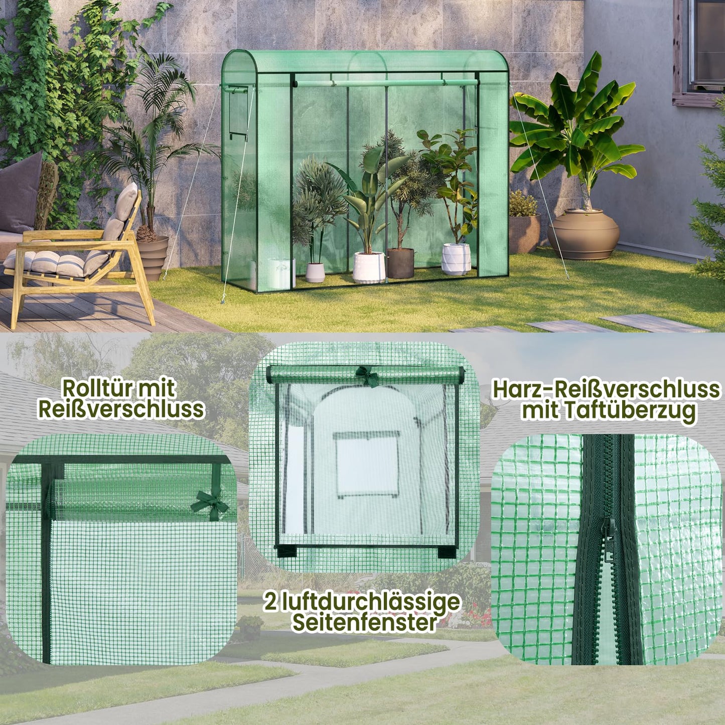 WOLTU tunnelkas - PE kas - winterbestendig - met deur en 2 ramen - stalen buis frame - 200 x 170 x 68 cm - groen