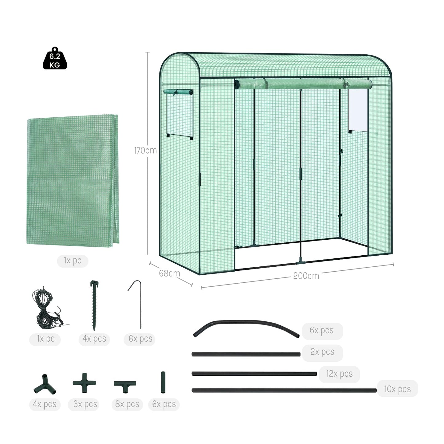 WOLTU tunnelkas - PE kas - winterbestendig - met deur en 2 ramen - stalen buis frame - 200 x 170 x 68 cm - groen
