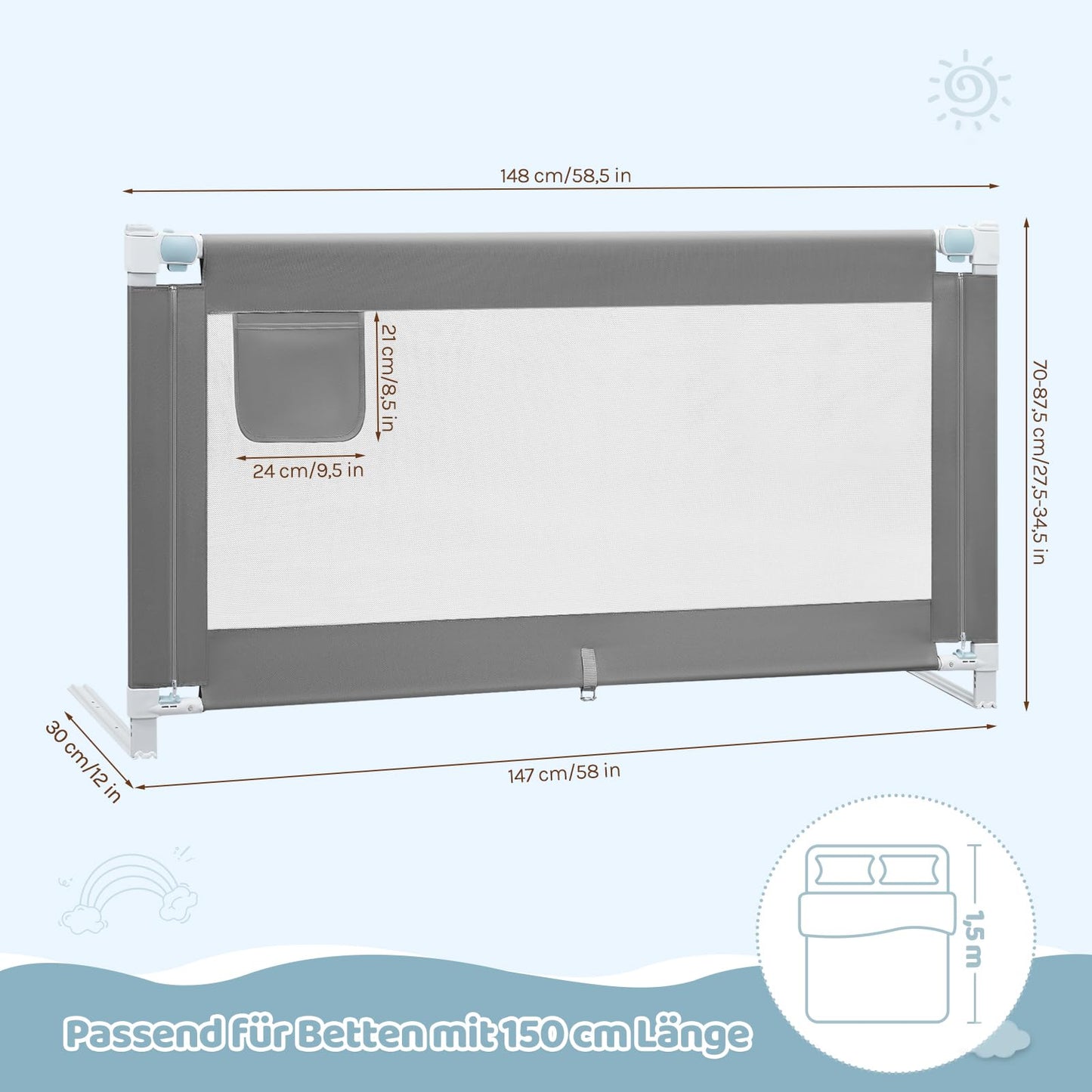 WOLTU - Bedhekje 150 cm - In hoogte verstelbaar 69-87 cm - Opklapbaar bed veiligheidsrail - Donkergrijs