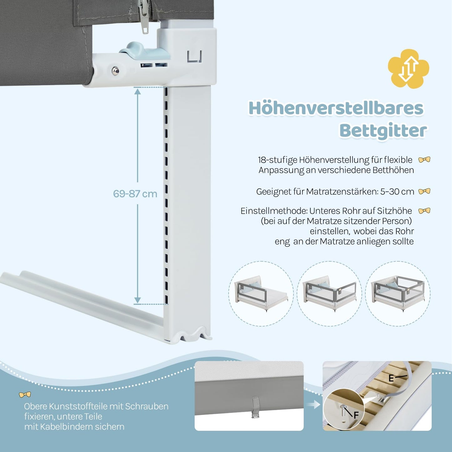 WOLTU - Bedhekje 150 cm - In hoogte verstelbaar 69-87 cm - Opklapbaar bed veiligheidsrail - Donkergrijs