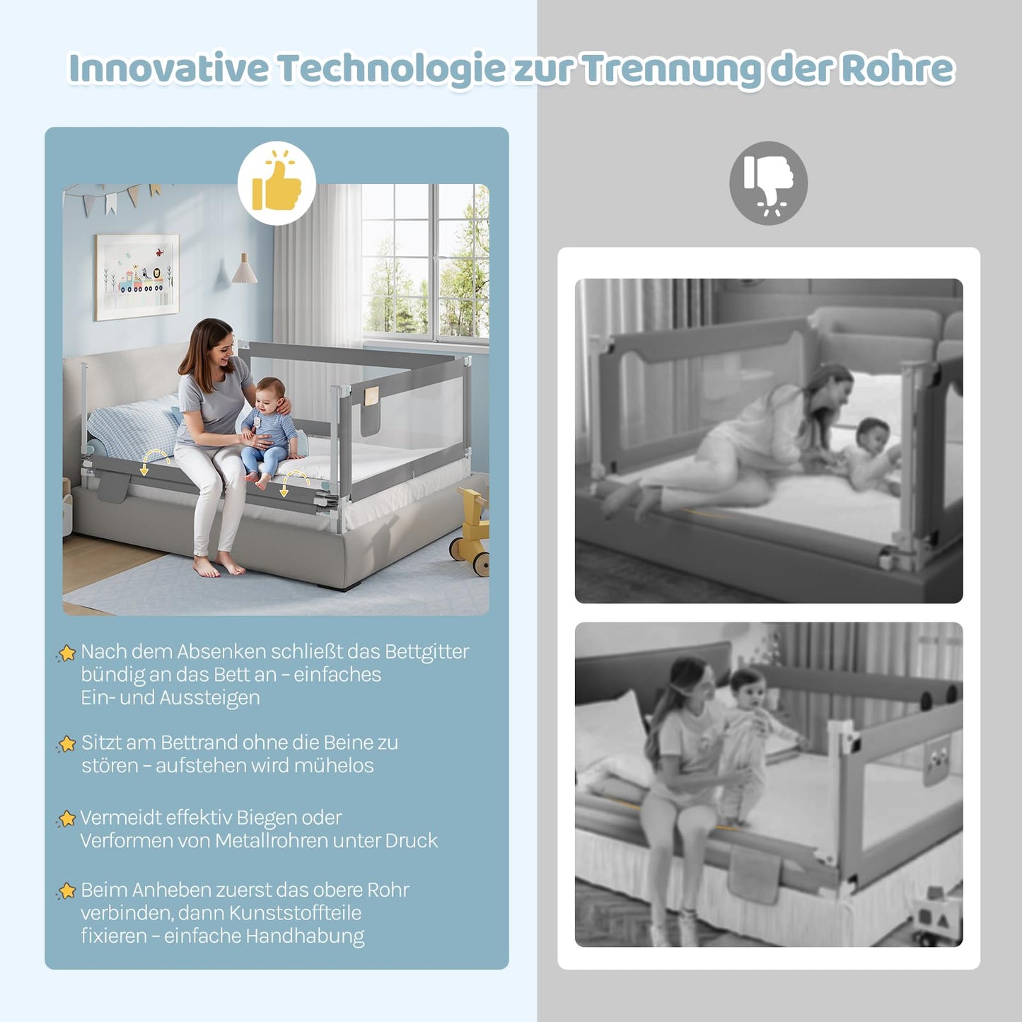 WOLTU - Bedhekje 150 cm - In hoogte verstelbaar 69-87 cm - Opklapbaar bed veiligheidsrail - Donkergrijs