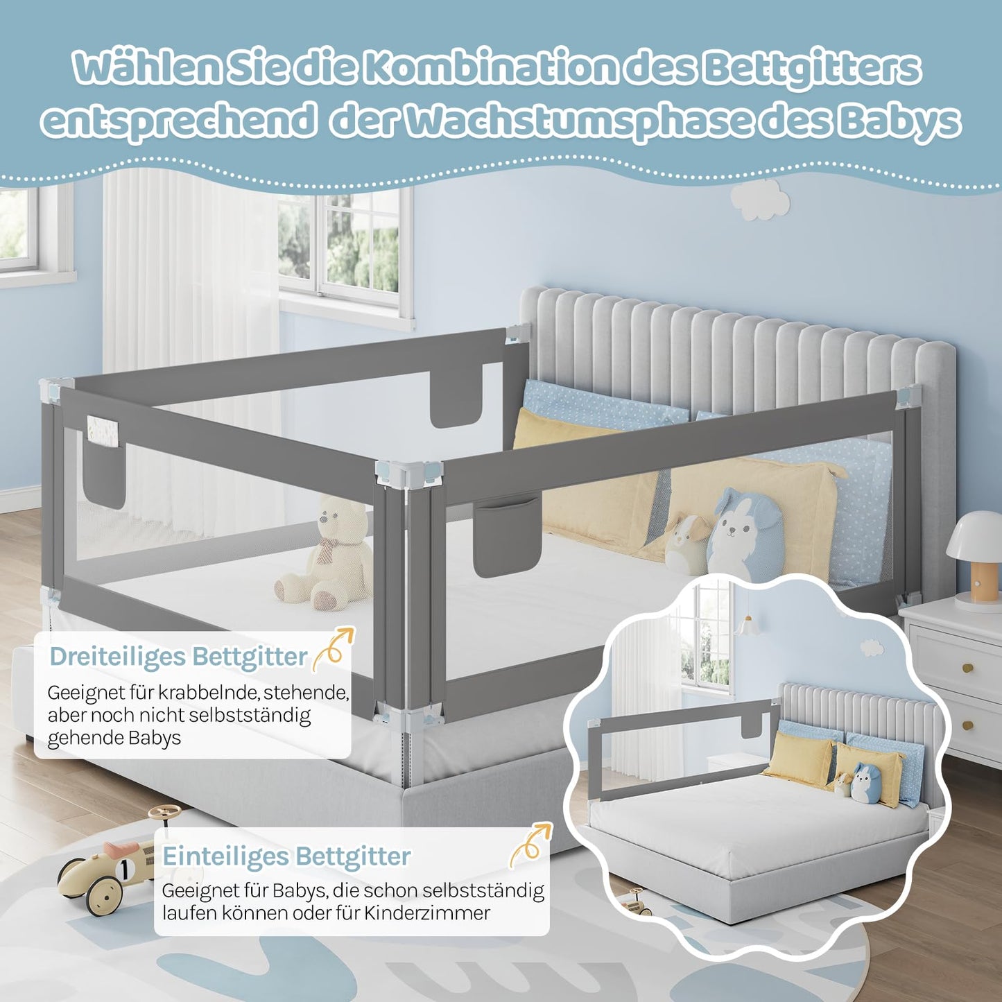 WOLTU - Bedhekje 150 cm - In hoogte verstelbaar 69-87 cm - Opklapbaar bed veiligheidsrail - Donkergrijs