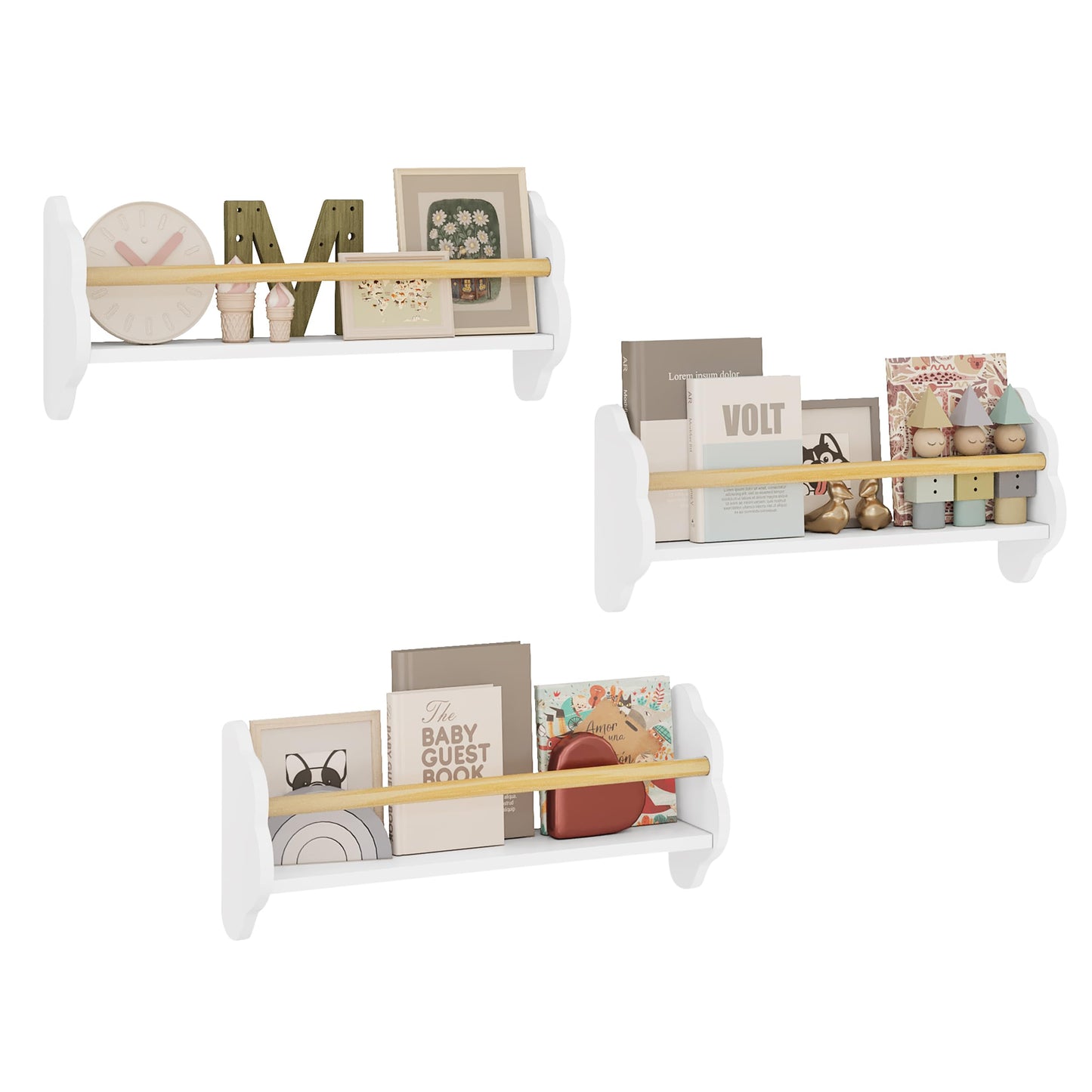 WOLTU kinder wand boekenplank set 3 delig - wolk vorm - wit MDF met grenen stang - 3 open vakken