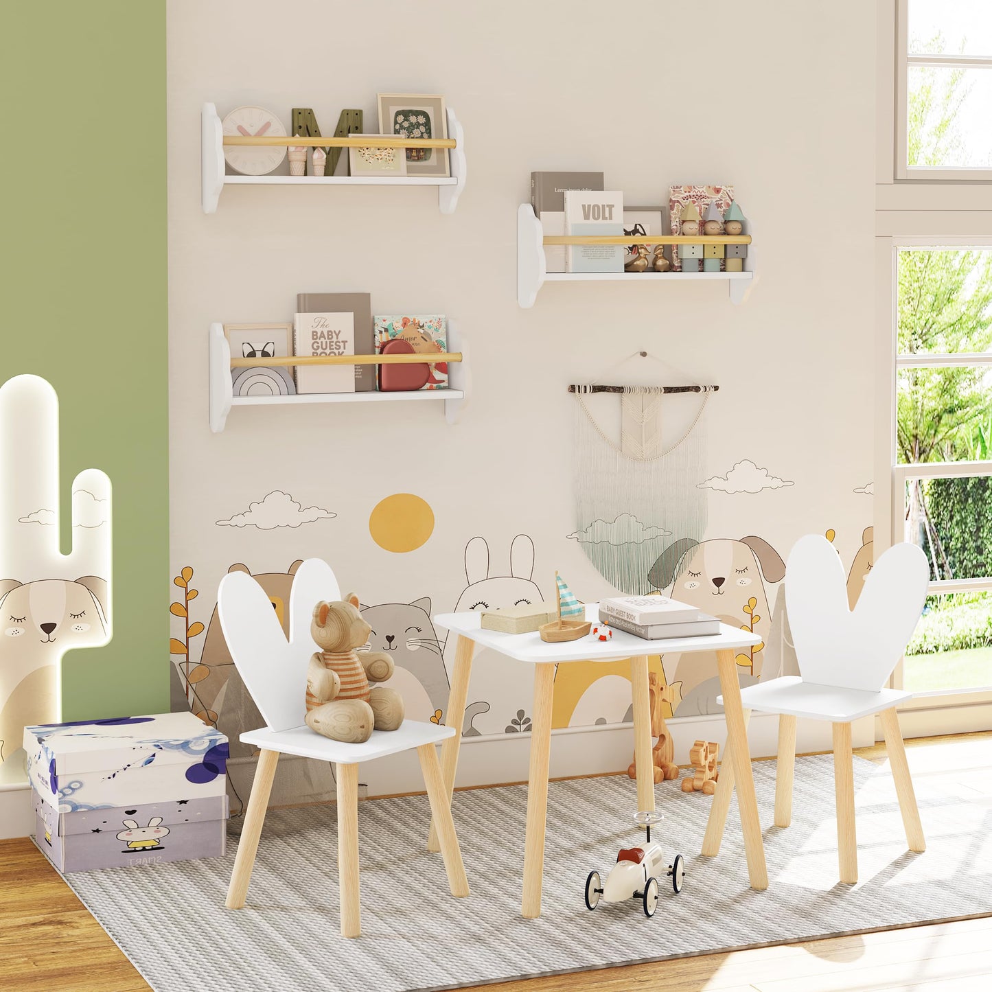 WOLTU kinder wand boekenplank set 3 delig - wolk vorm - wit MDF met grenen stang - 3 open vakken