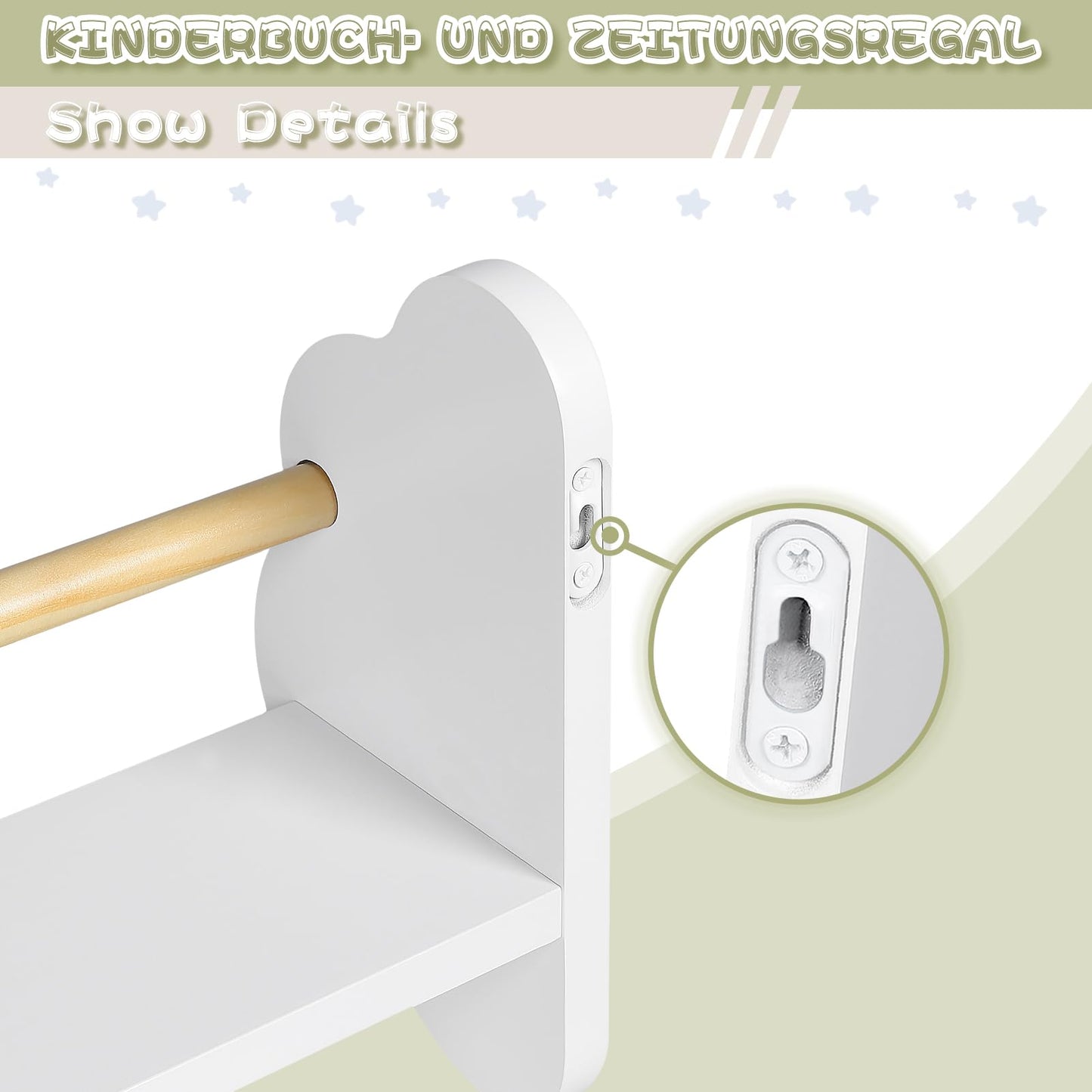 WOLTU kinder wand boekenplank set 3 delig - wolk vorm - wit MDF met grenen stang - 3 open vakken